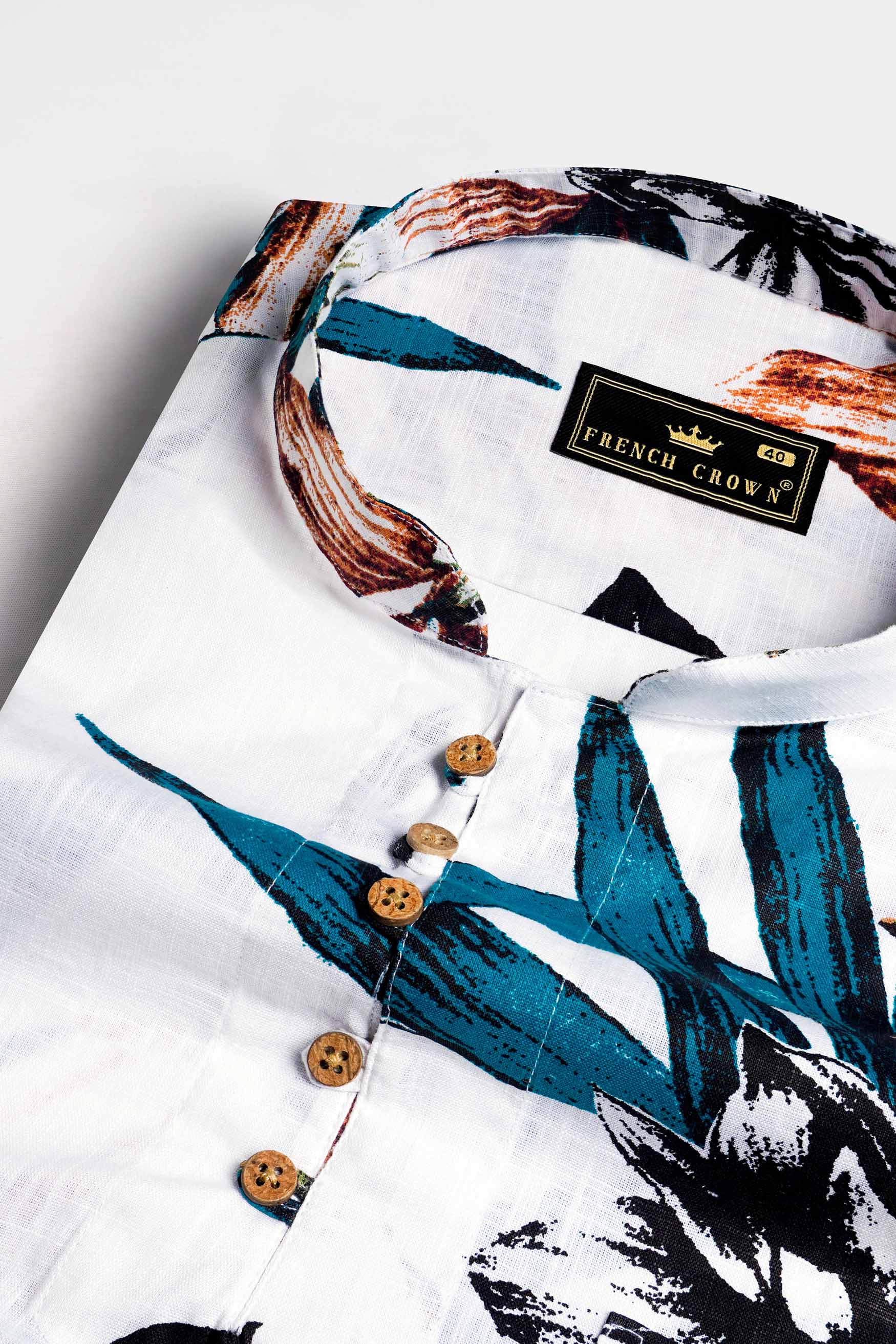 Bright White and Pacific Blue Leaves Printed Chambray Kurta Shirt