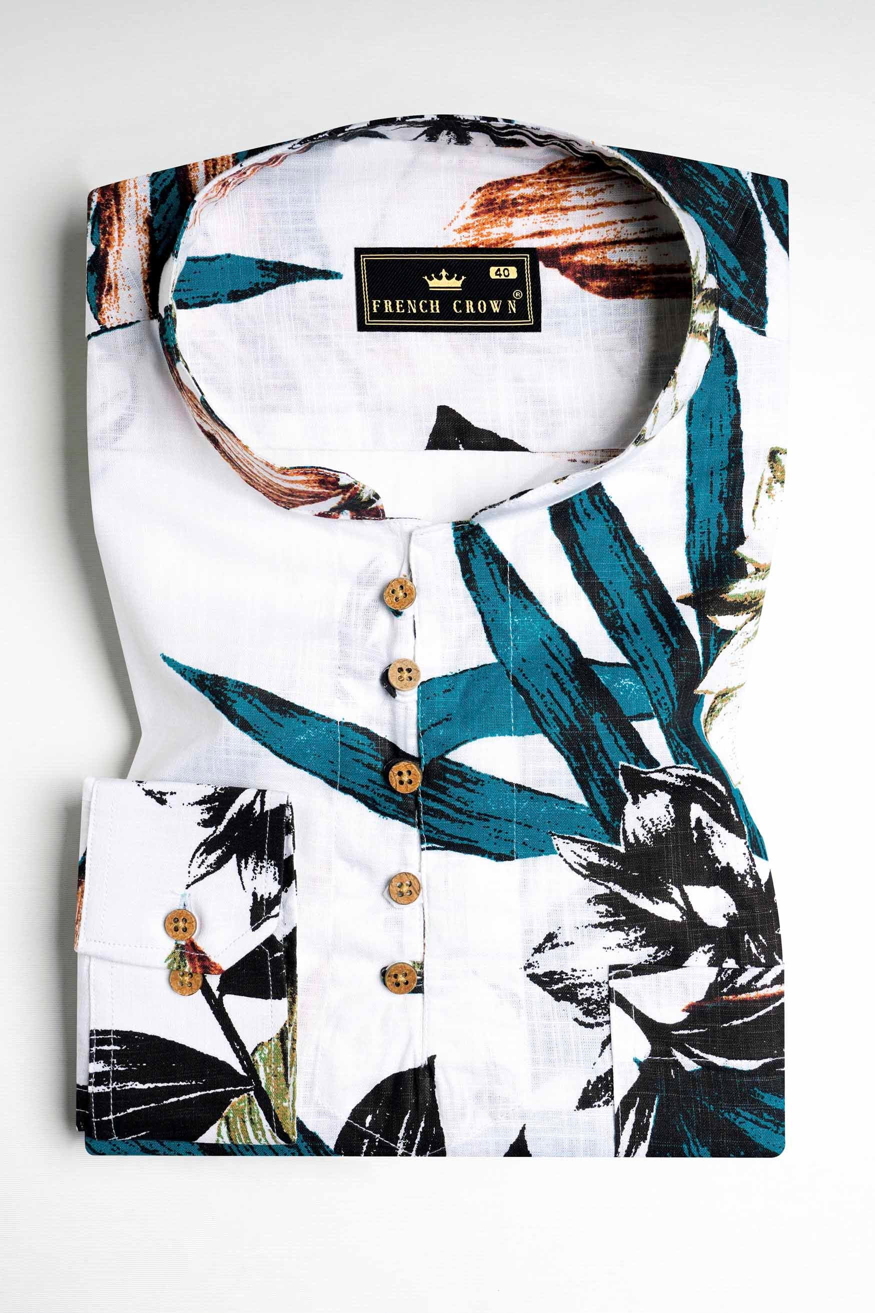 Bright White and Pacific Blue Leaves Printed Chambray Kurta Shirt