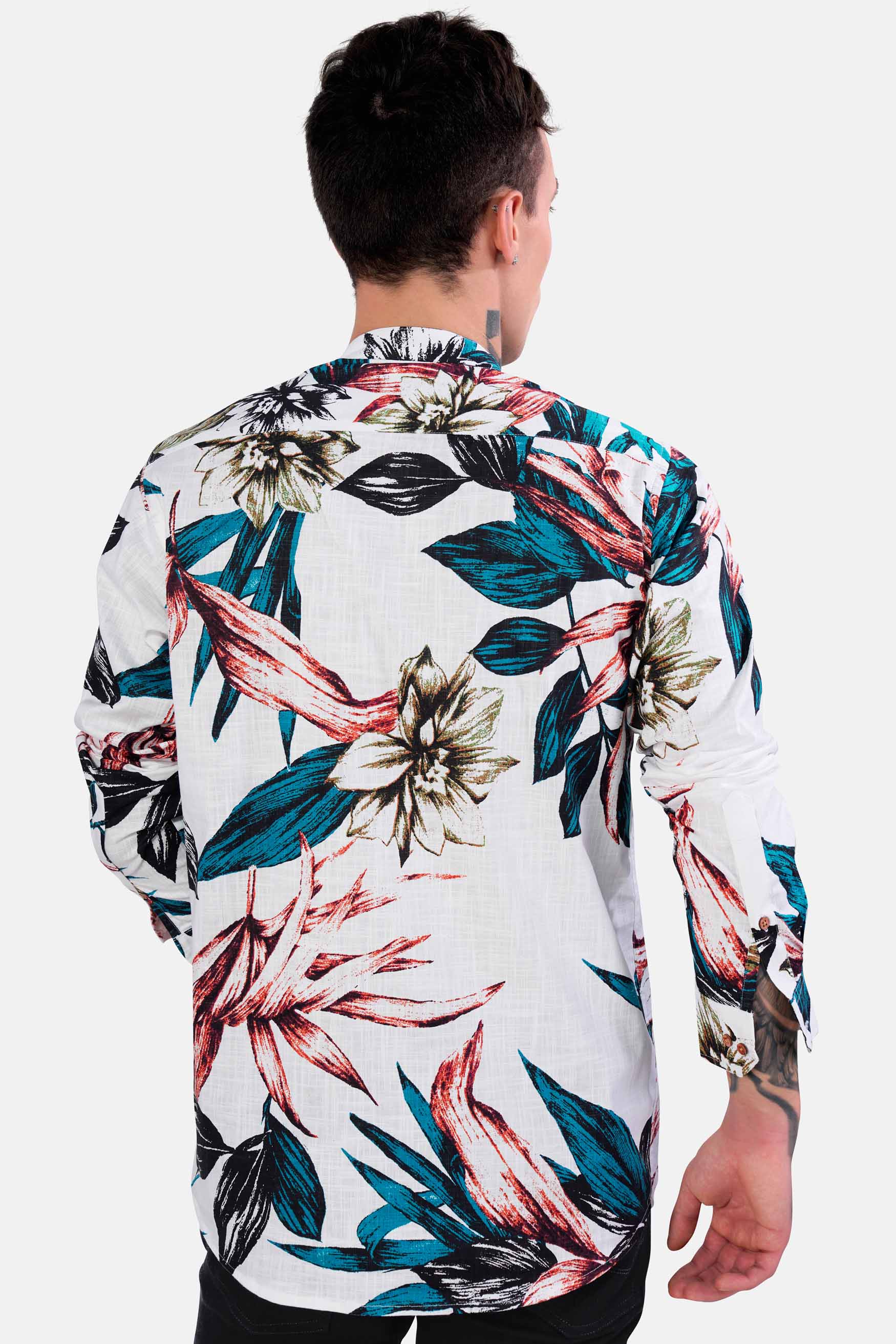 Bright White and Pacific Blue Leaves Printed Chambray Kurta Shirt