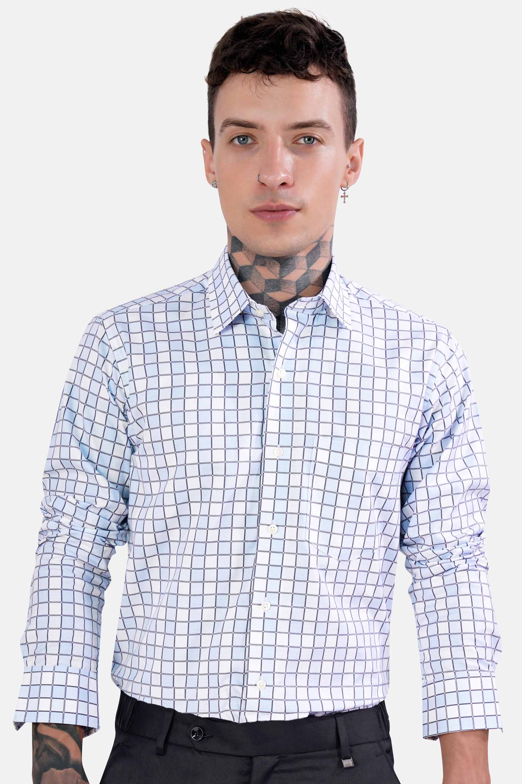 Casper Blue and White Checkered Dobby Textured Premium Giza Cotton Shirt