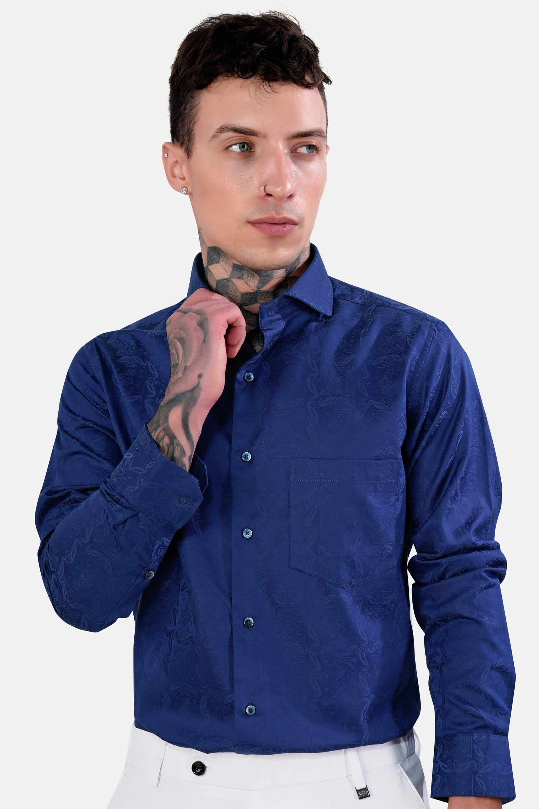 Lapis Blue Jacquard Textured Premium Giza Cotton Shirt