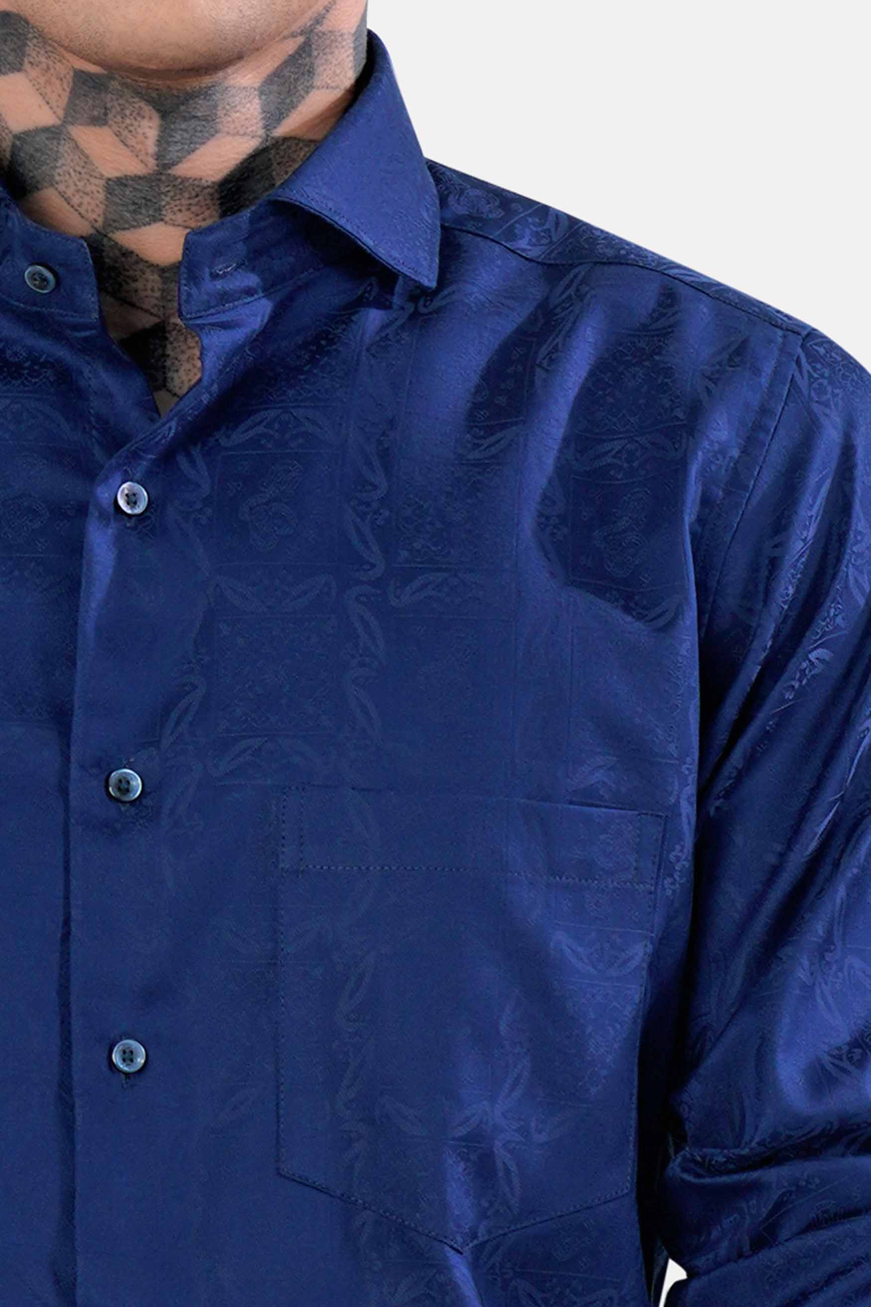 Lapis Blue Jacquard Textured Premium Giza Cotton Shirt