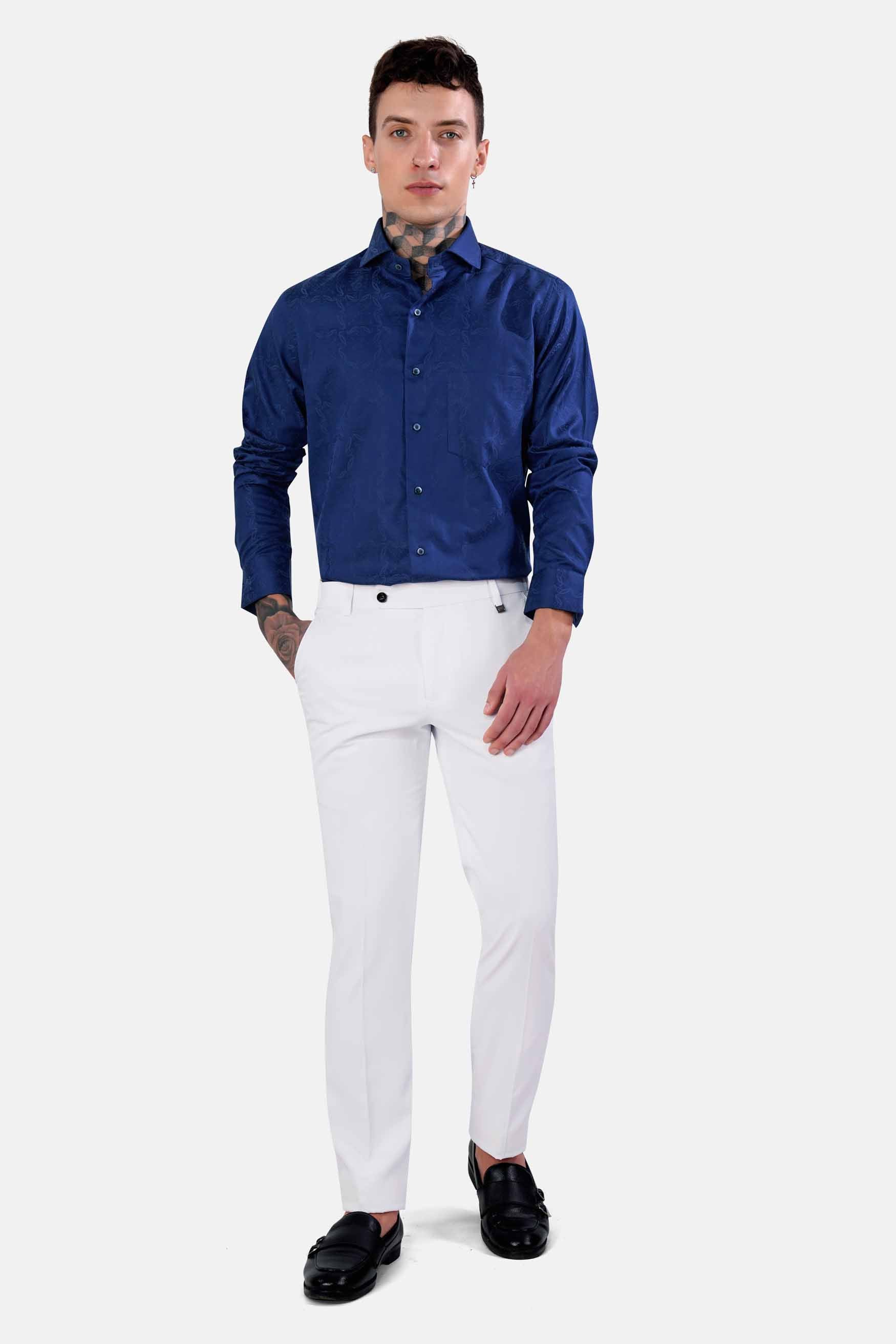 Lapis Blue Jacquard Textured Premium Giza Cotton Shirt