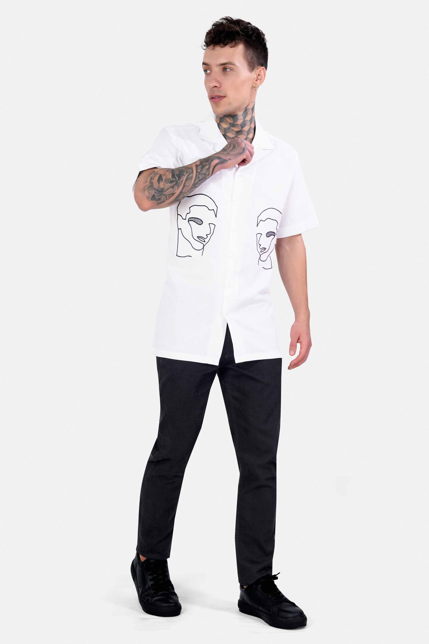 Bright White Faces Embroidered Luxurious Linen Designer Shirt
