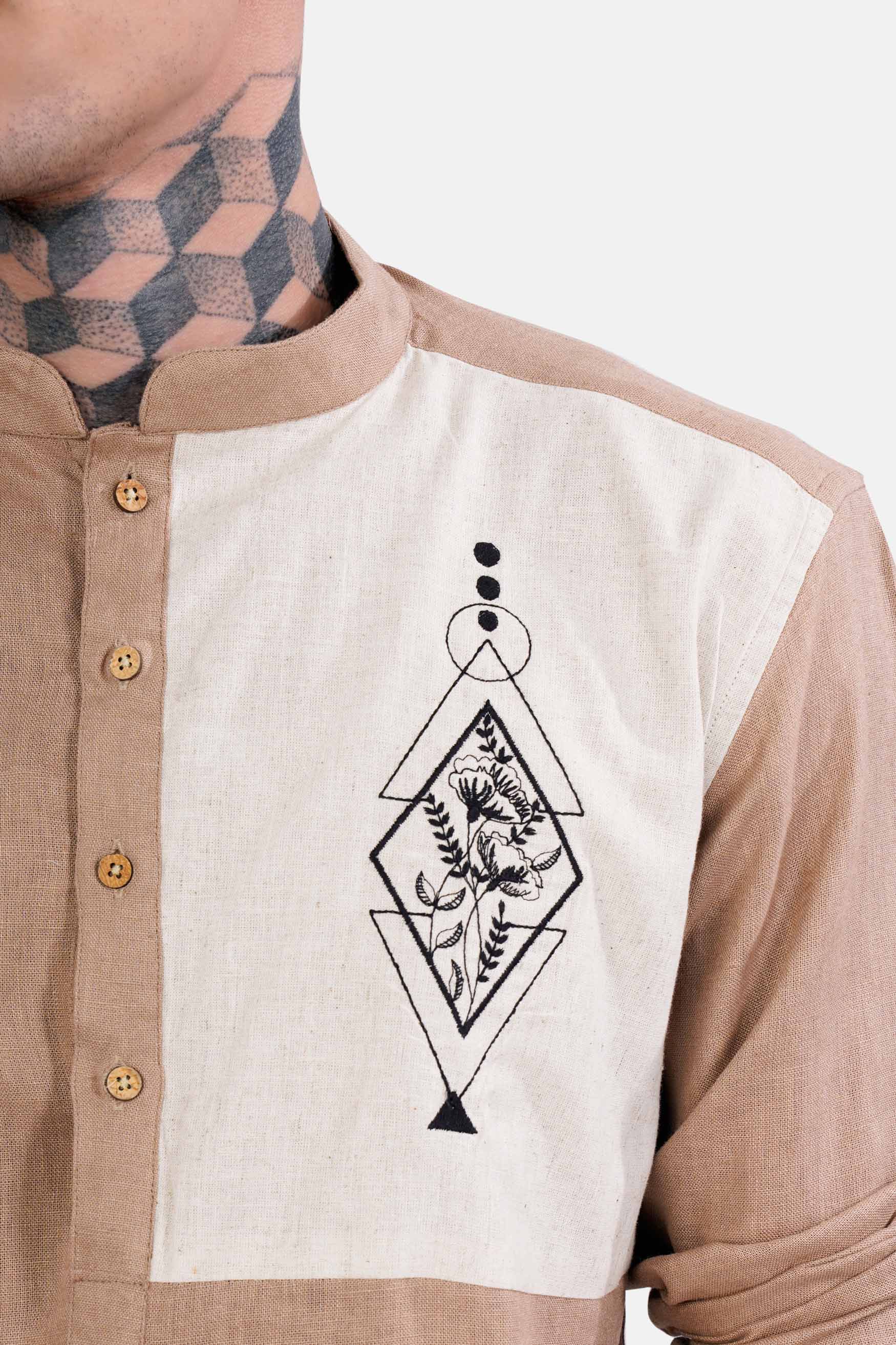 Sandrift Brown Embroidered Luxurious Linen Designer Kurta Shirt