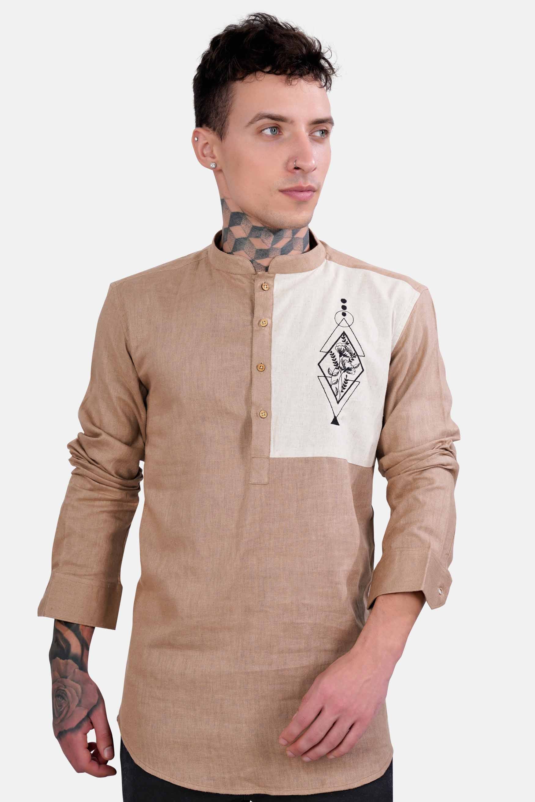 Sandrift Brown Embroidered Luxurious Linen Designer Kurta Shirt