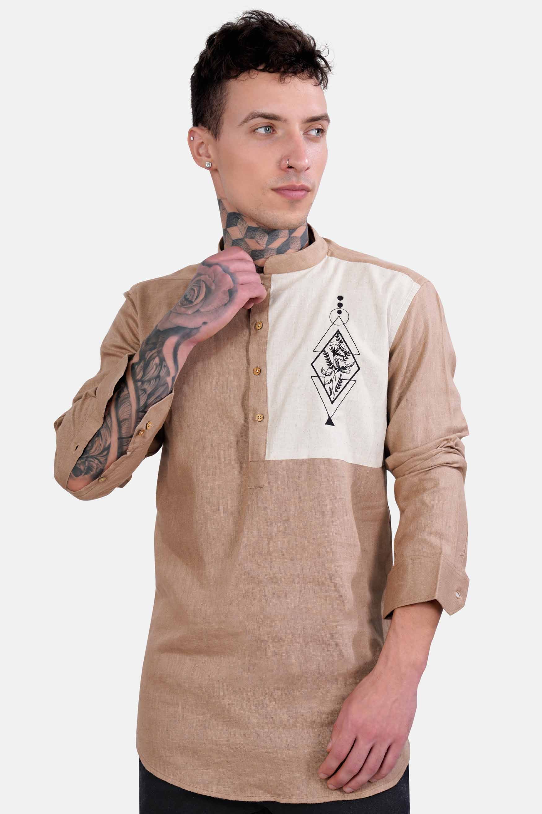 Sandrift Brown Embroidered Luxurious Linen Designer Kurta Shirt