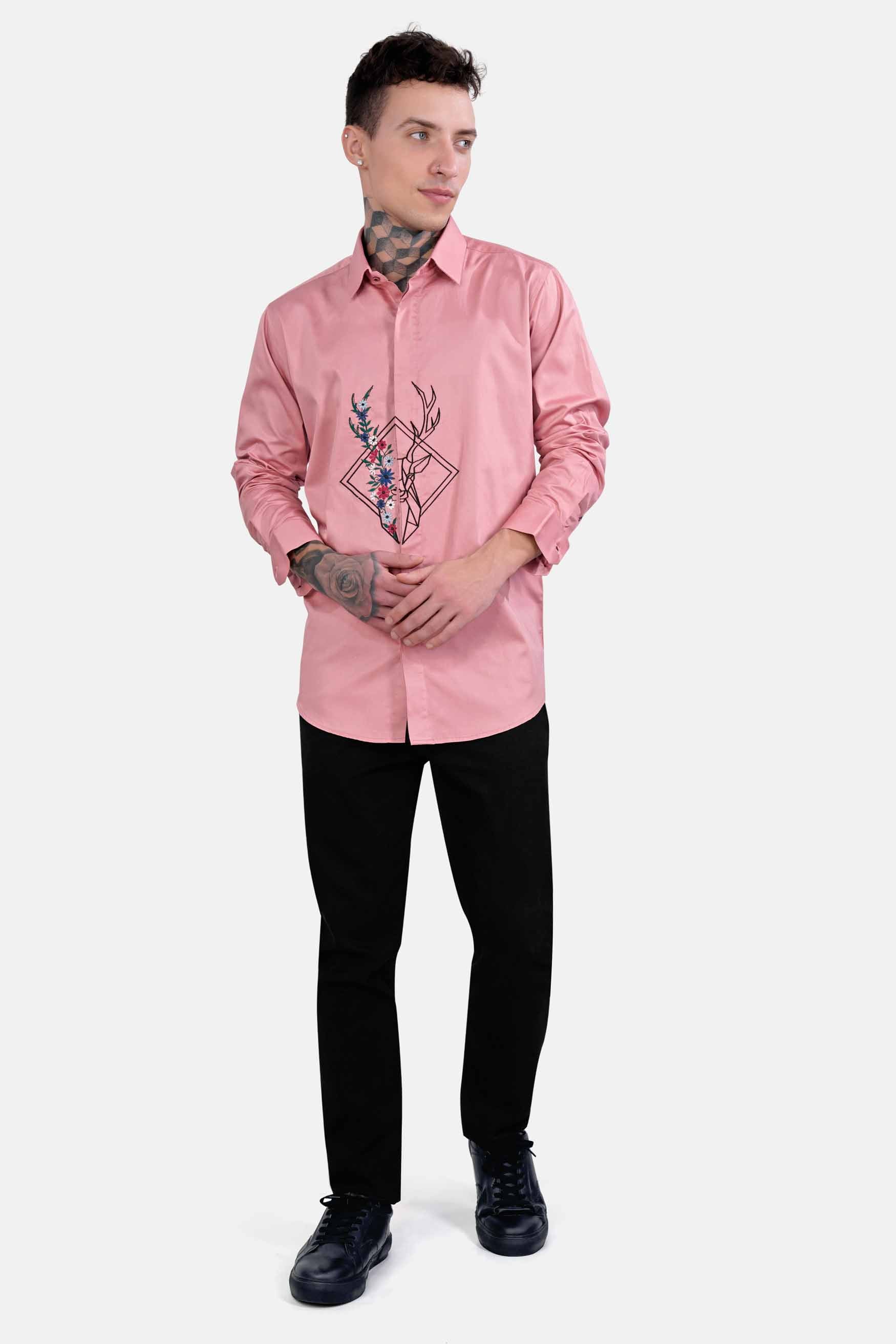 Kawai Pink Half Deer and Half Floral Embroidered Super Soft Premium Cotton Designer Shirt