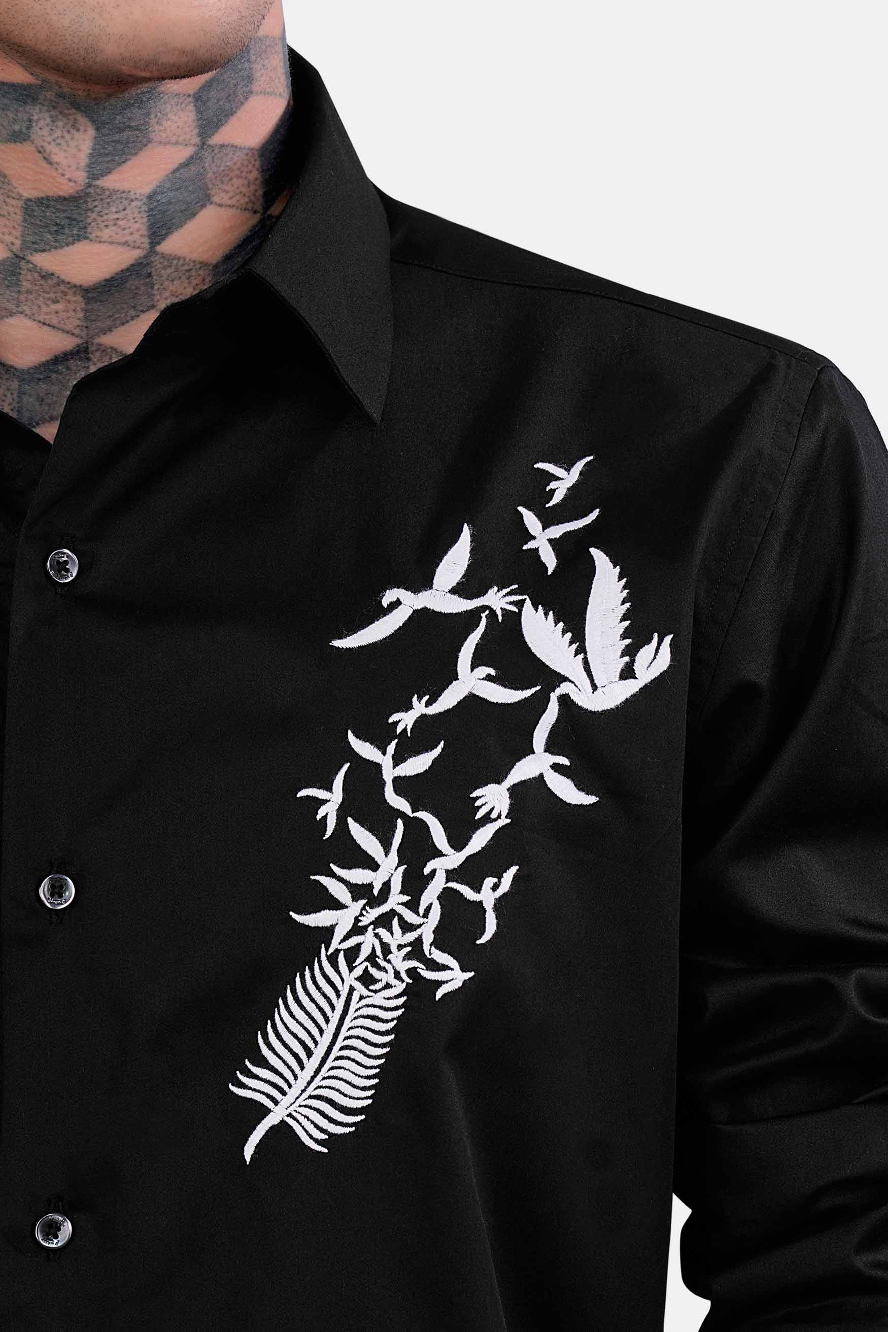 Jade Black Birds Casual Textured Premium Cotton Shirt For Men
