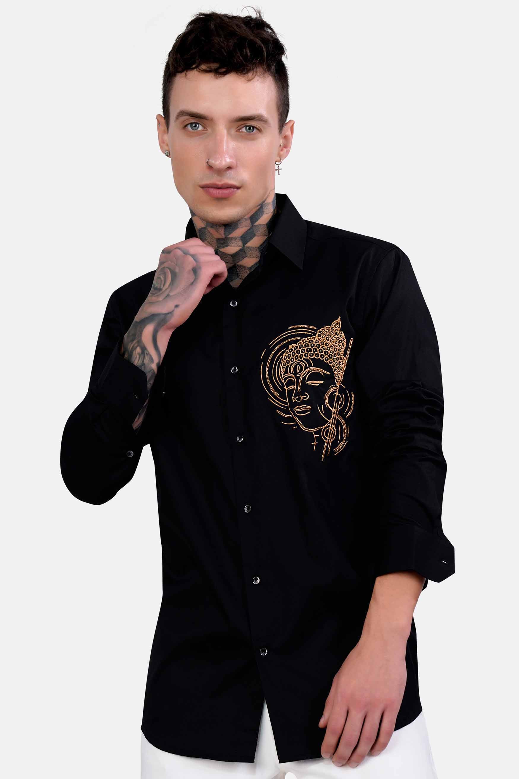 Jade Black Gautam Buddha Embroidered Royal Oxford Designer Shirt