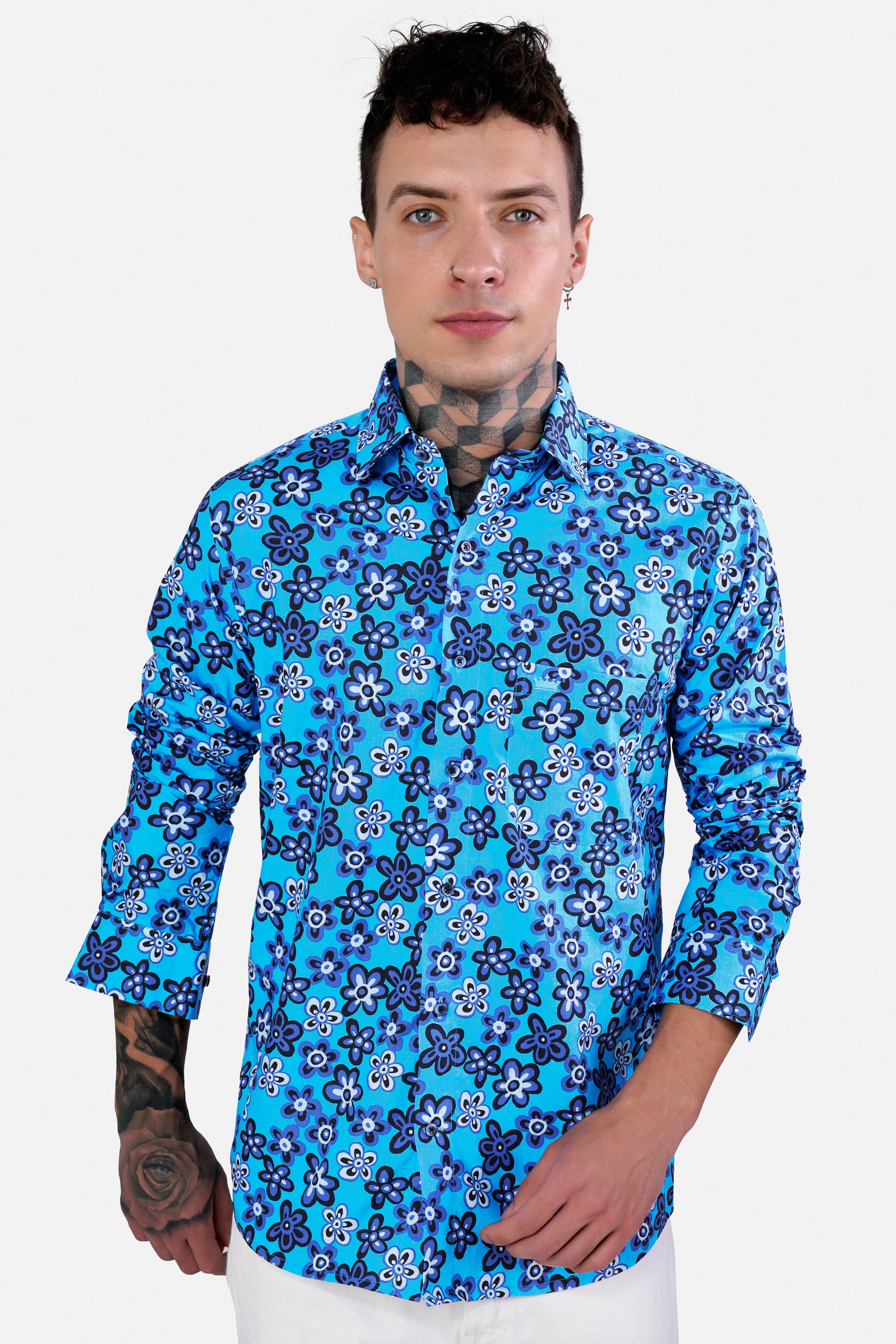 Mariner Blue Ditsy Printed Premium Cotton Shirt