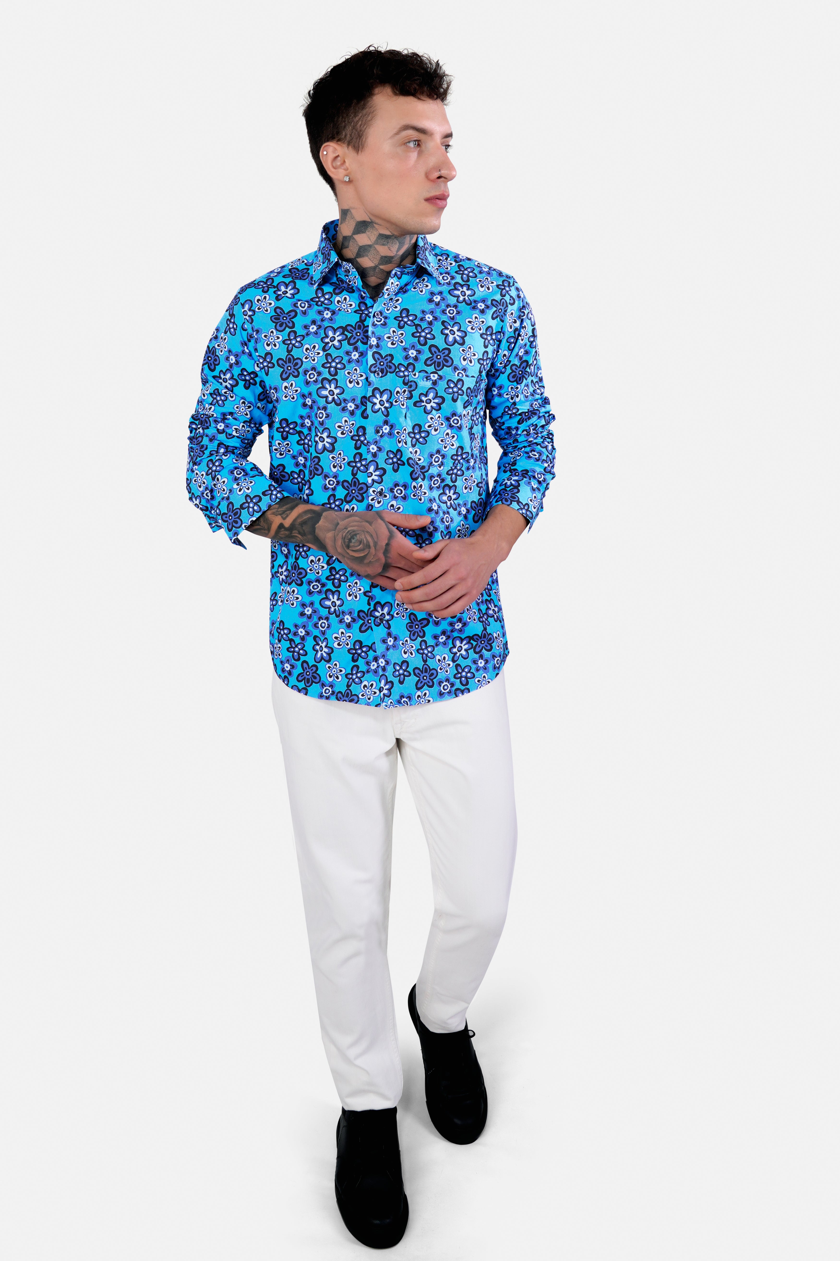 Mariner Blue Ditsy Printed Premium Cotton Shirt