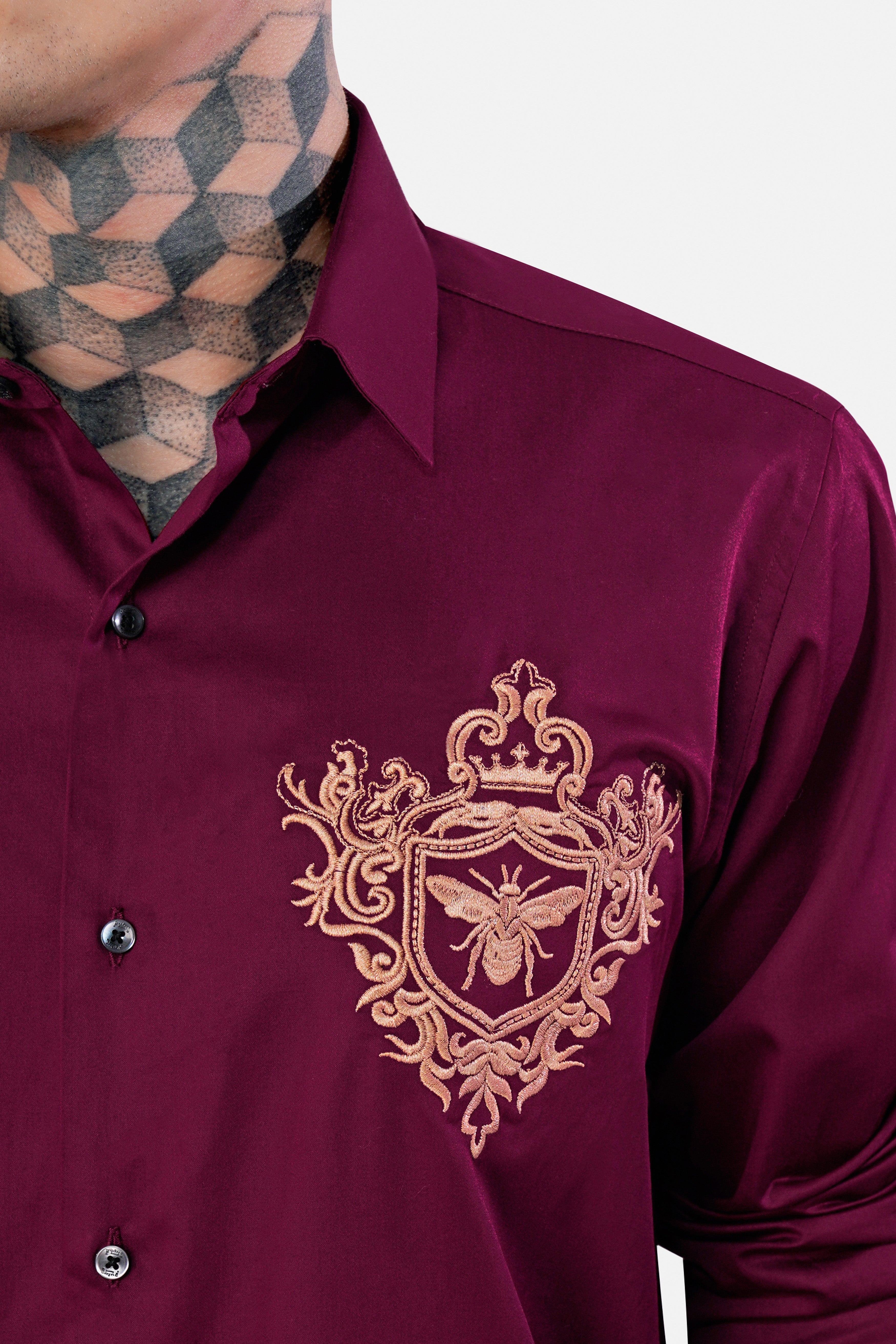Castro Maroon Honey Bee Embroidered Subtle Sheen Super Soft Premium Cotton Shirt