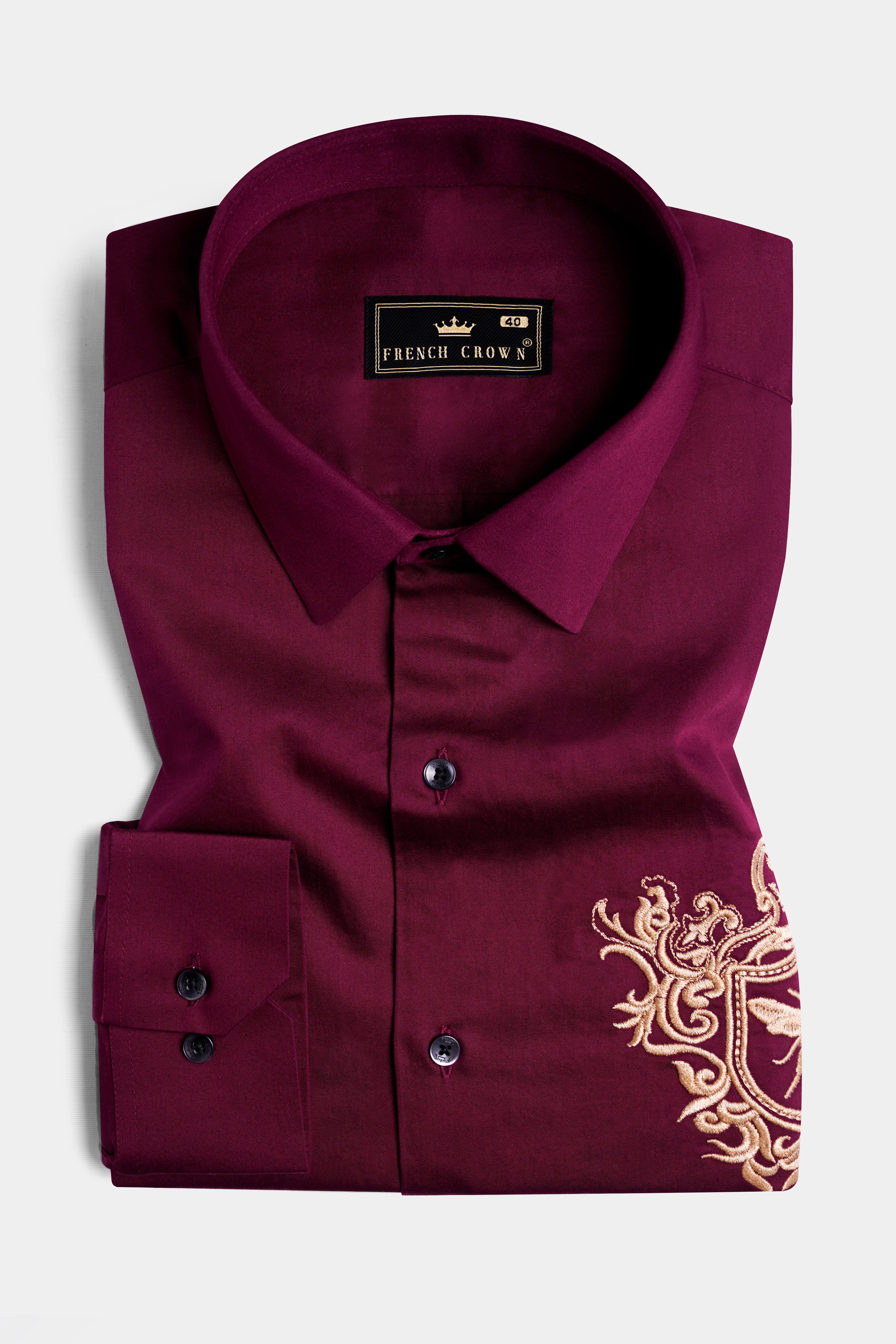 Castro Maroon Honey Bee Embroidered Subtle Sheen Super Soft Premium Cotton Shirt