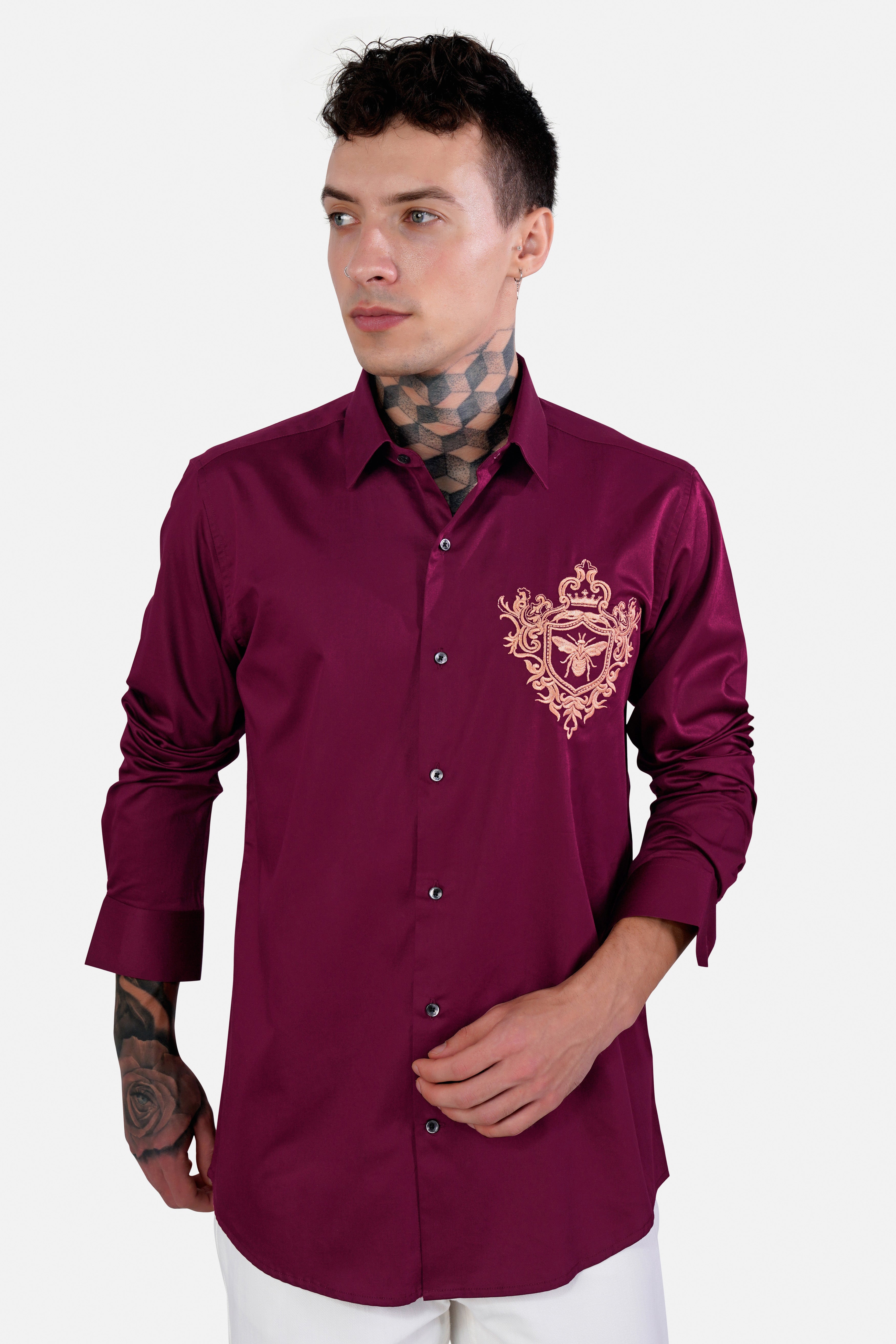 Castro Maroon Honey Bee Embroidered Subtle Sheen Super Soft Premium Cotton Shirt