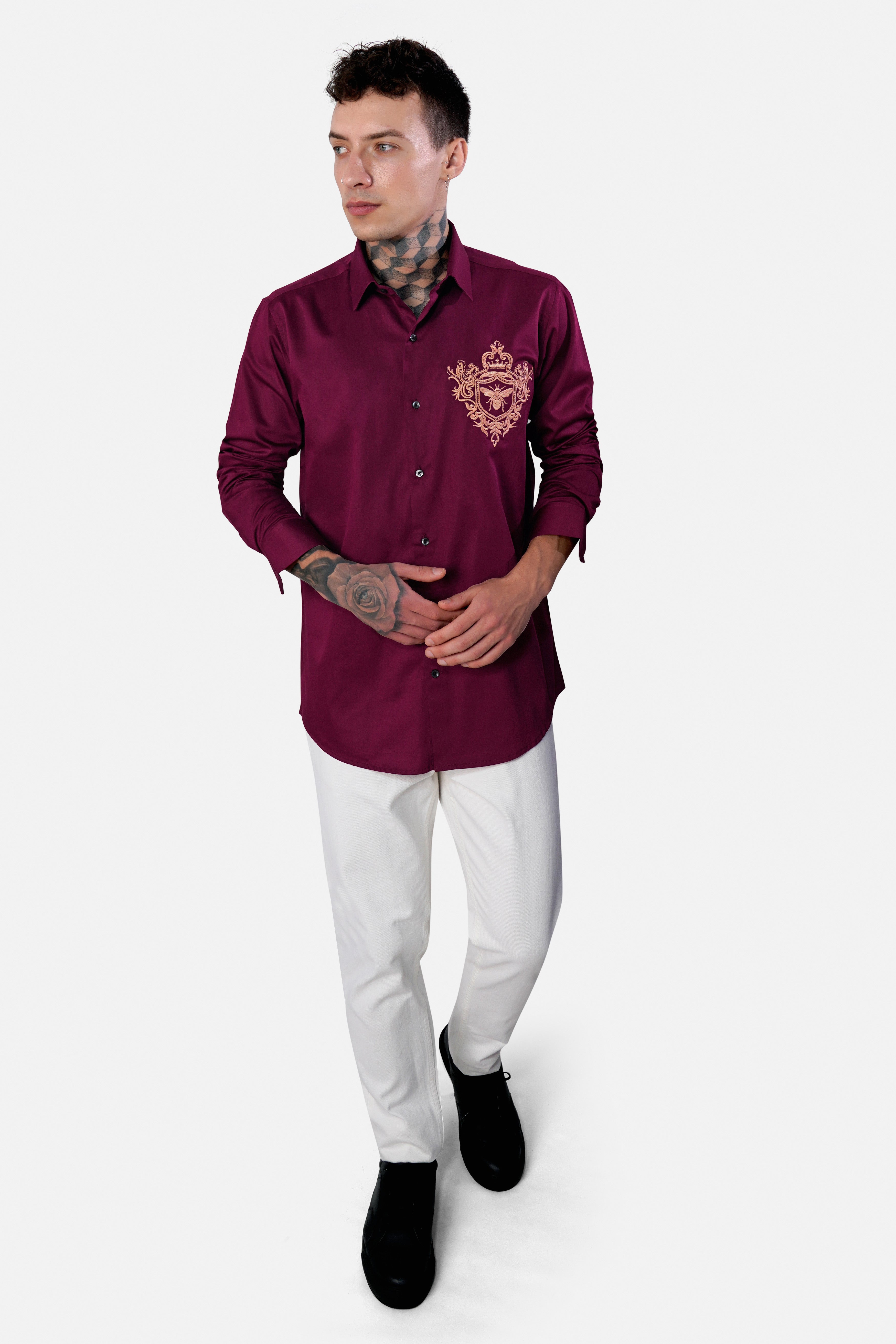 Castro Maroon Honey Bee Embroidered Subtle Sheen Super Soft Premium Cotton Shirt