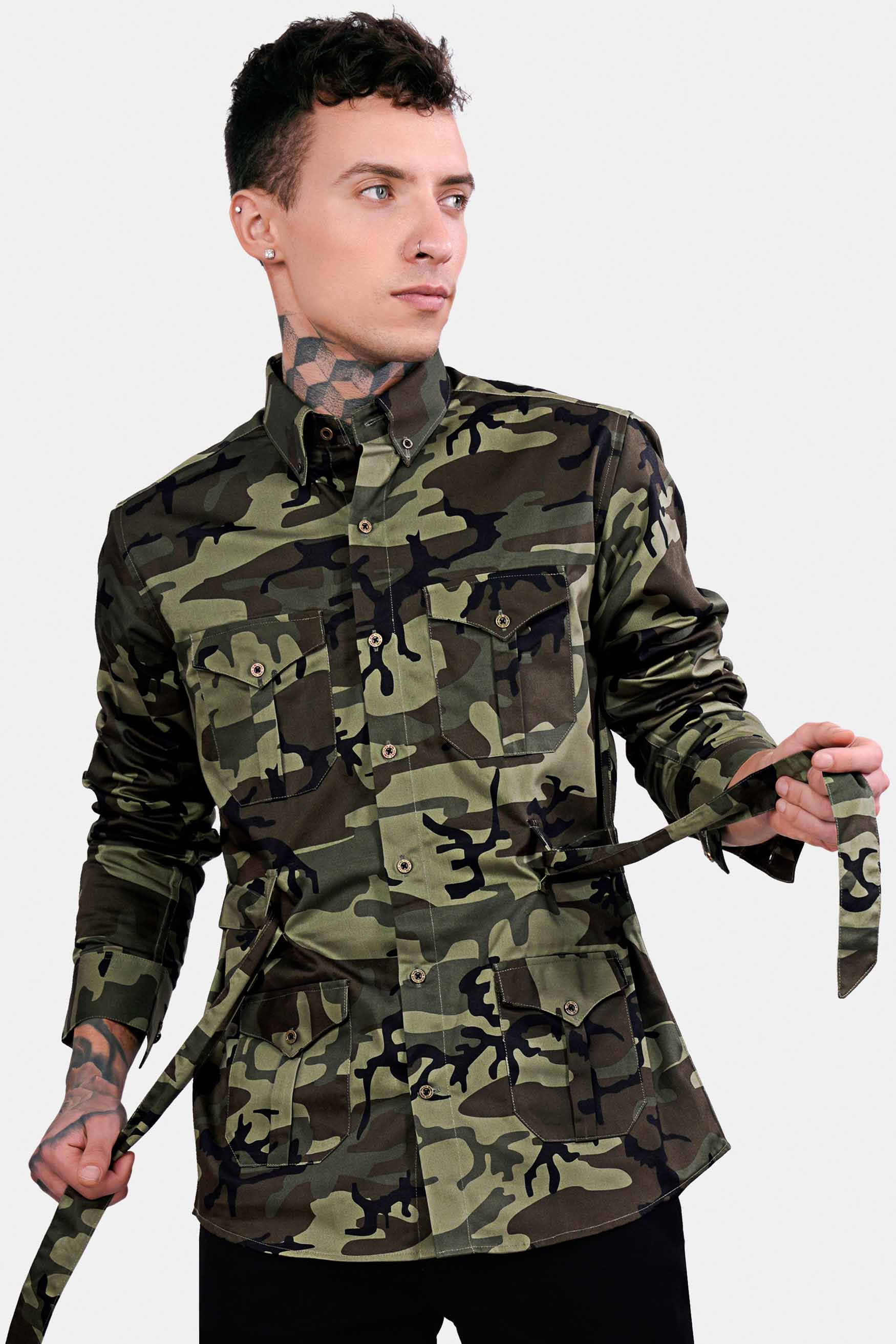 Hemlock Green and Iridium Brown Camouflage Royal Oxford Designer Shirt