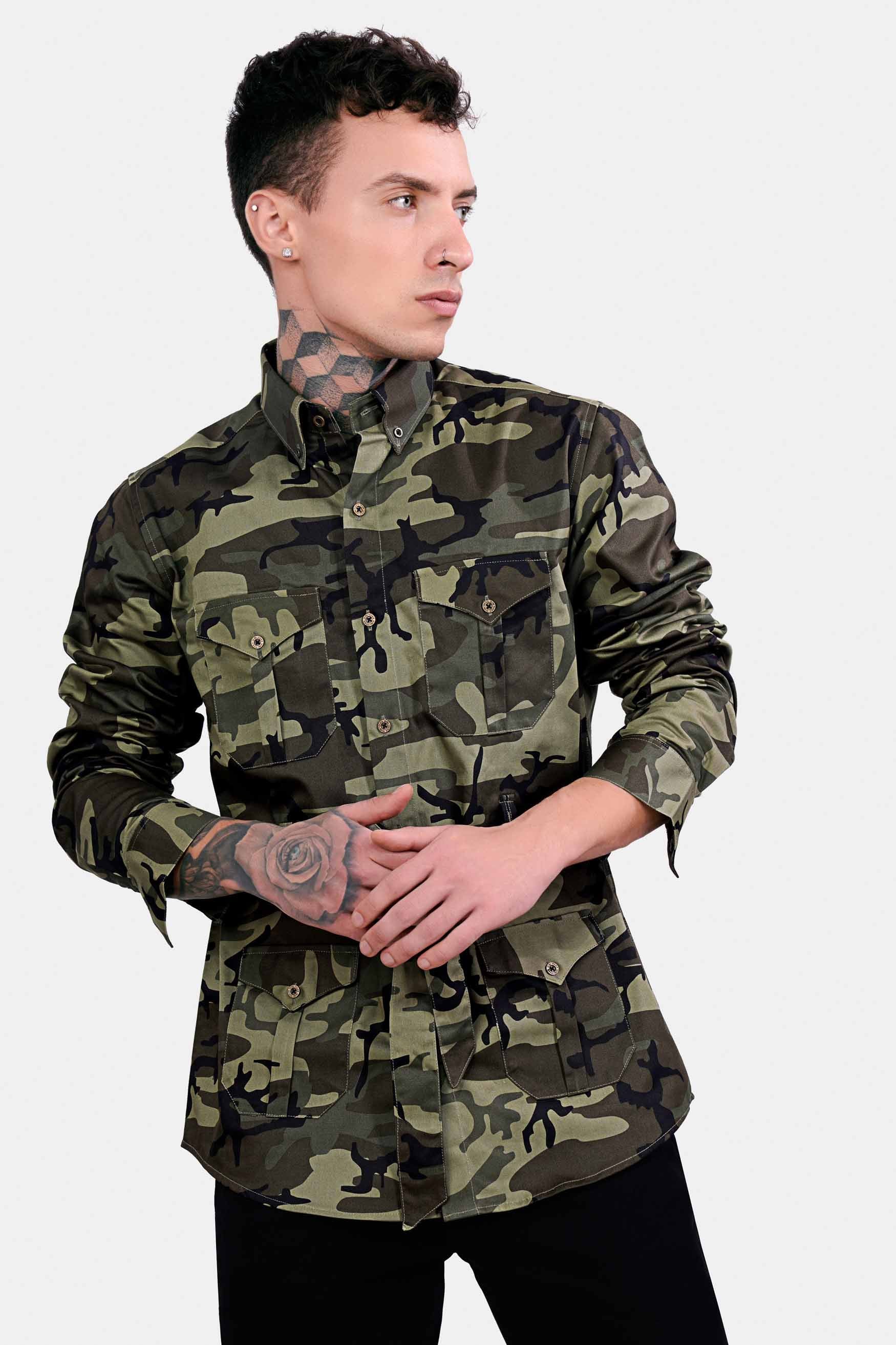 Hemlock Green and Iridium Brown Camouflage Royal Oxford Designer Shirt