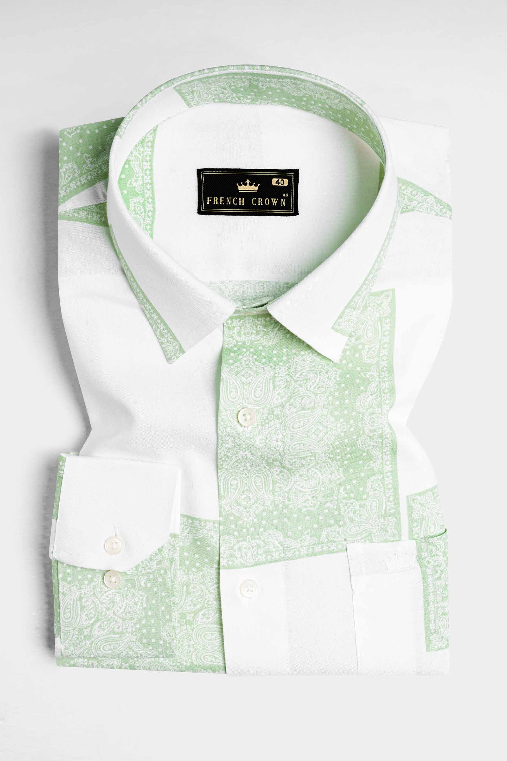 Bright White and Sage Green Paisley Printed Premium Tencel Shirt