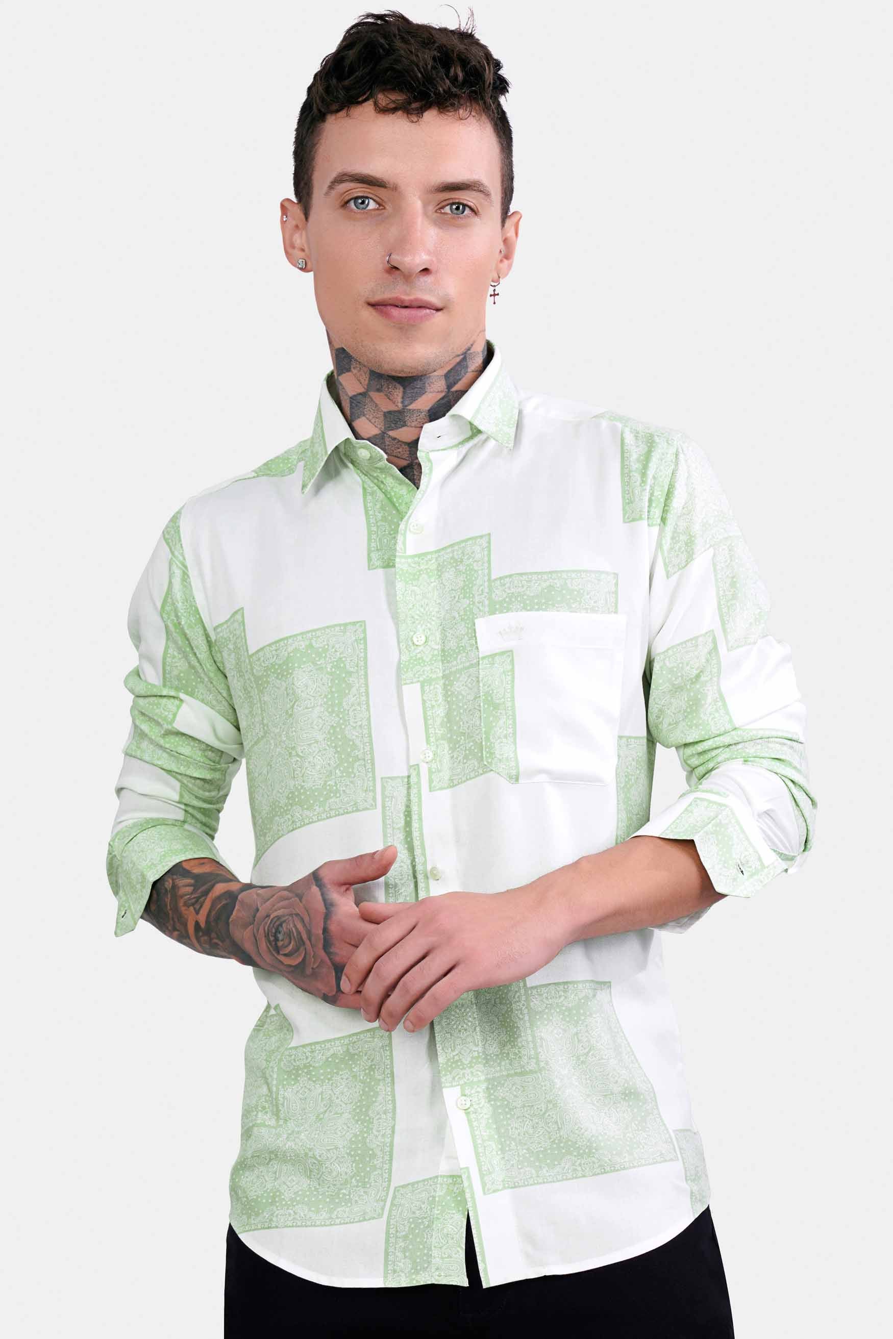 Bright White and Sage Green Paisley Printed Premium Tencel Shirt