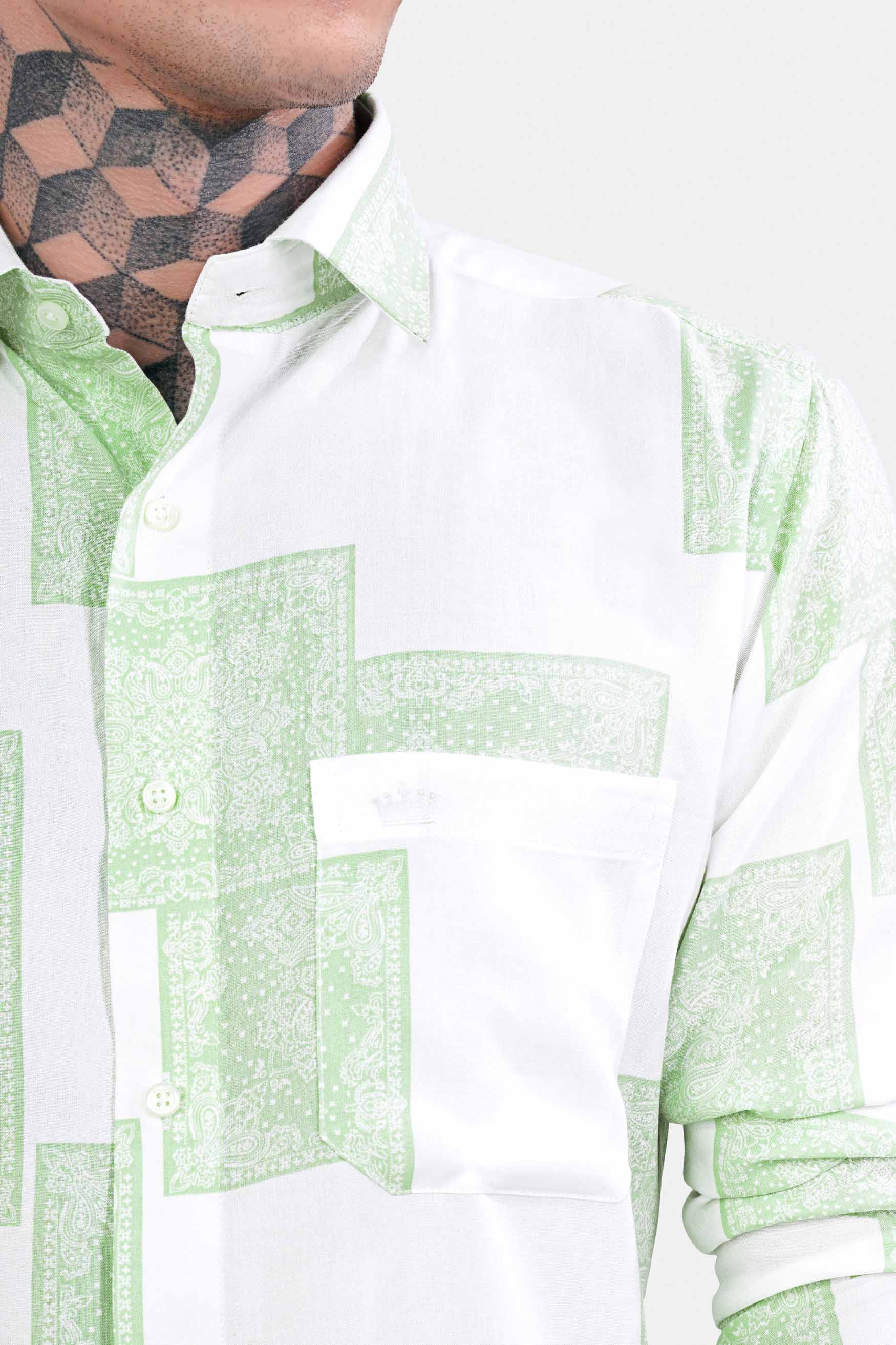 Bright White and Sage Green Paisley Printed Premium Tencel Shirt