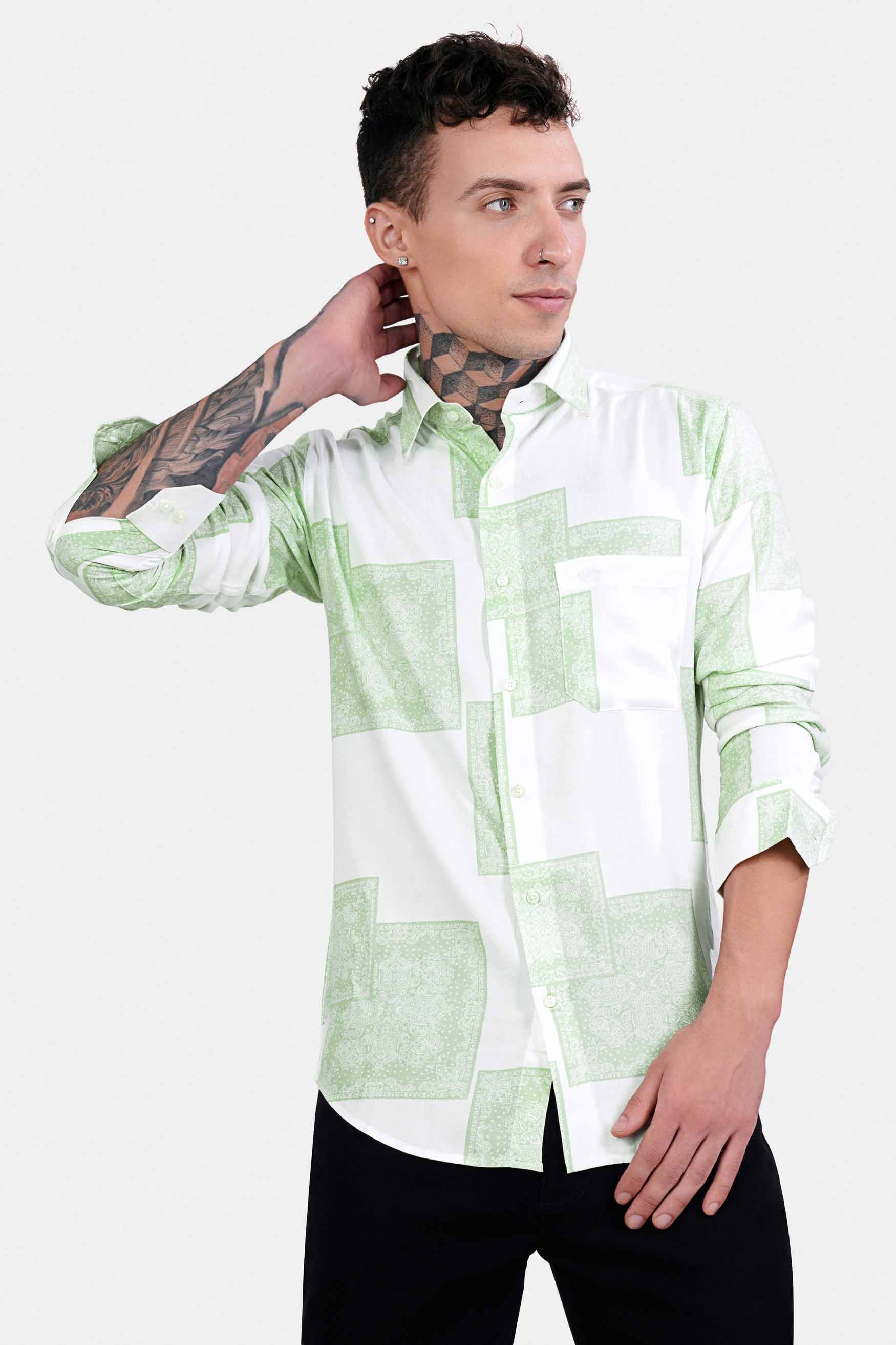 Bright White and Sage Green Paisley Printed Premium Tencel Shirt