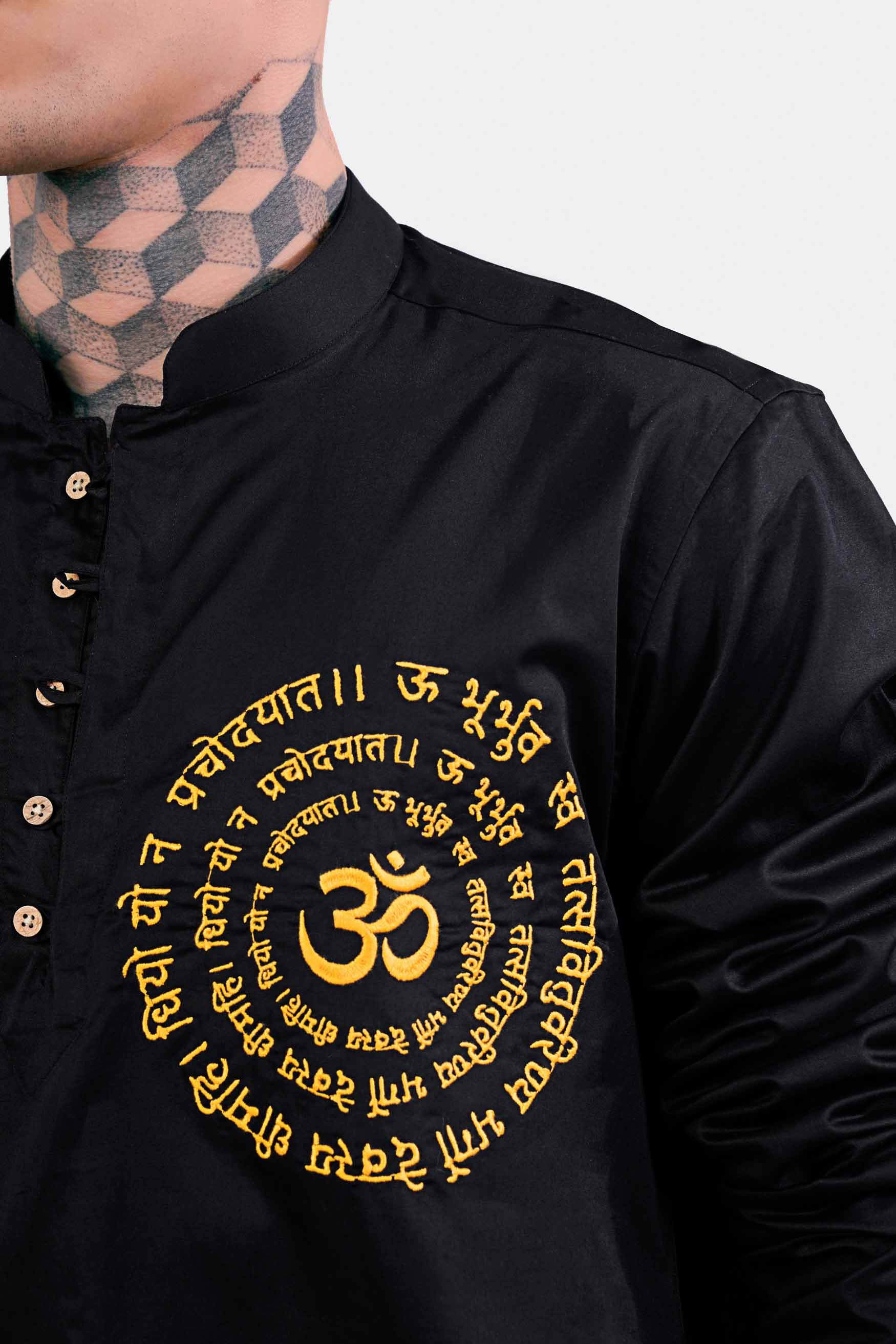 Jade Black Gayatri Mantra Embroidered Subtle Sheen Super Soft Premium Cotton Designer Kurta Shirt