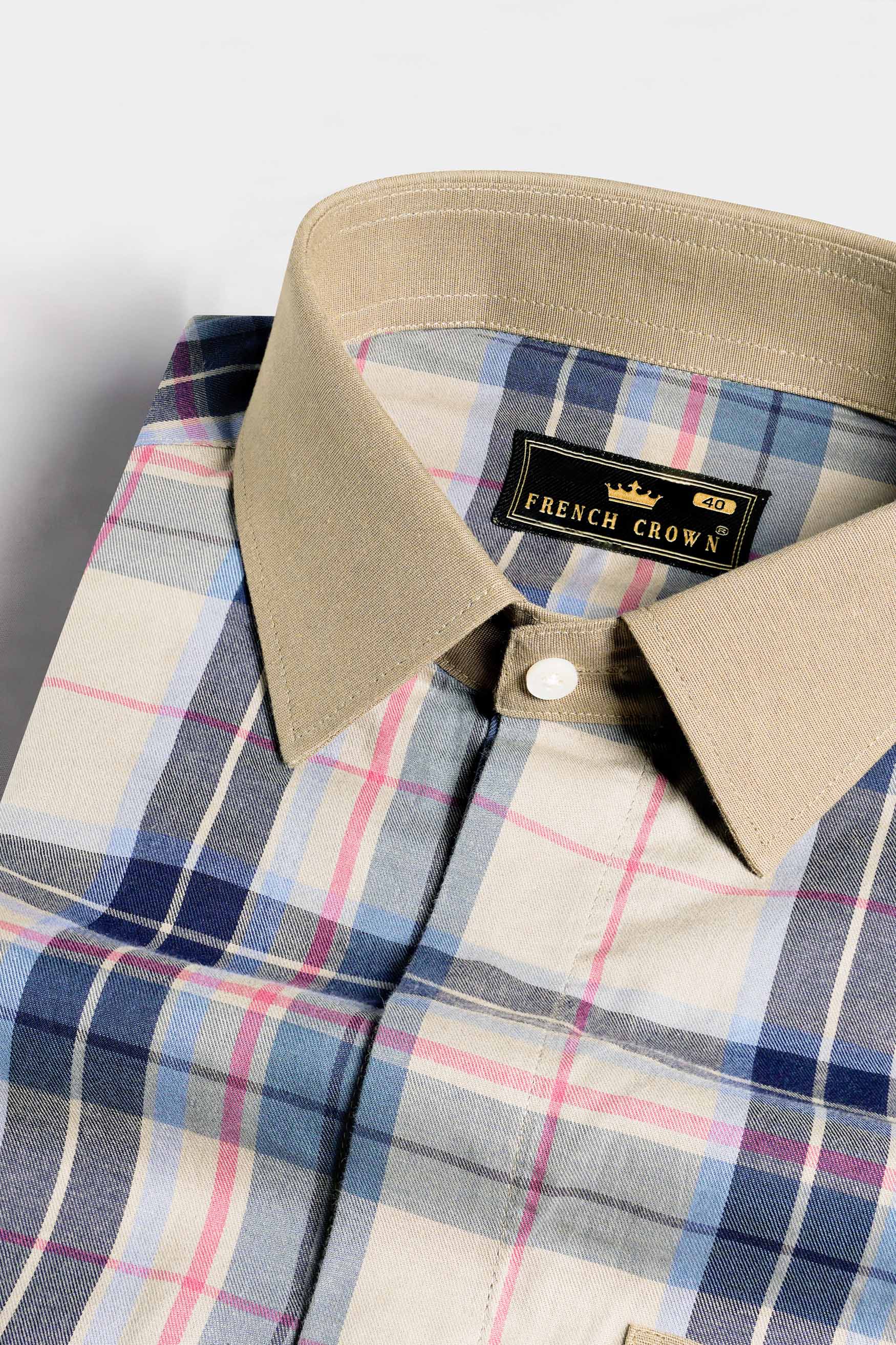 Shell Brown and Lapis Blue Twill Plaid Premium Cotton Designer Shirt