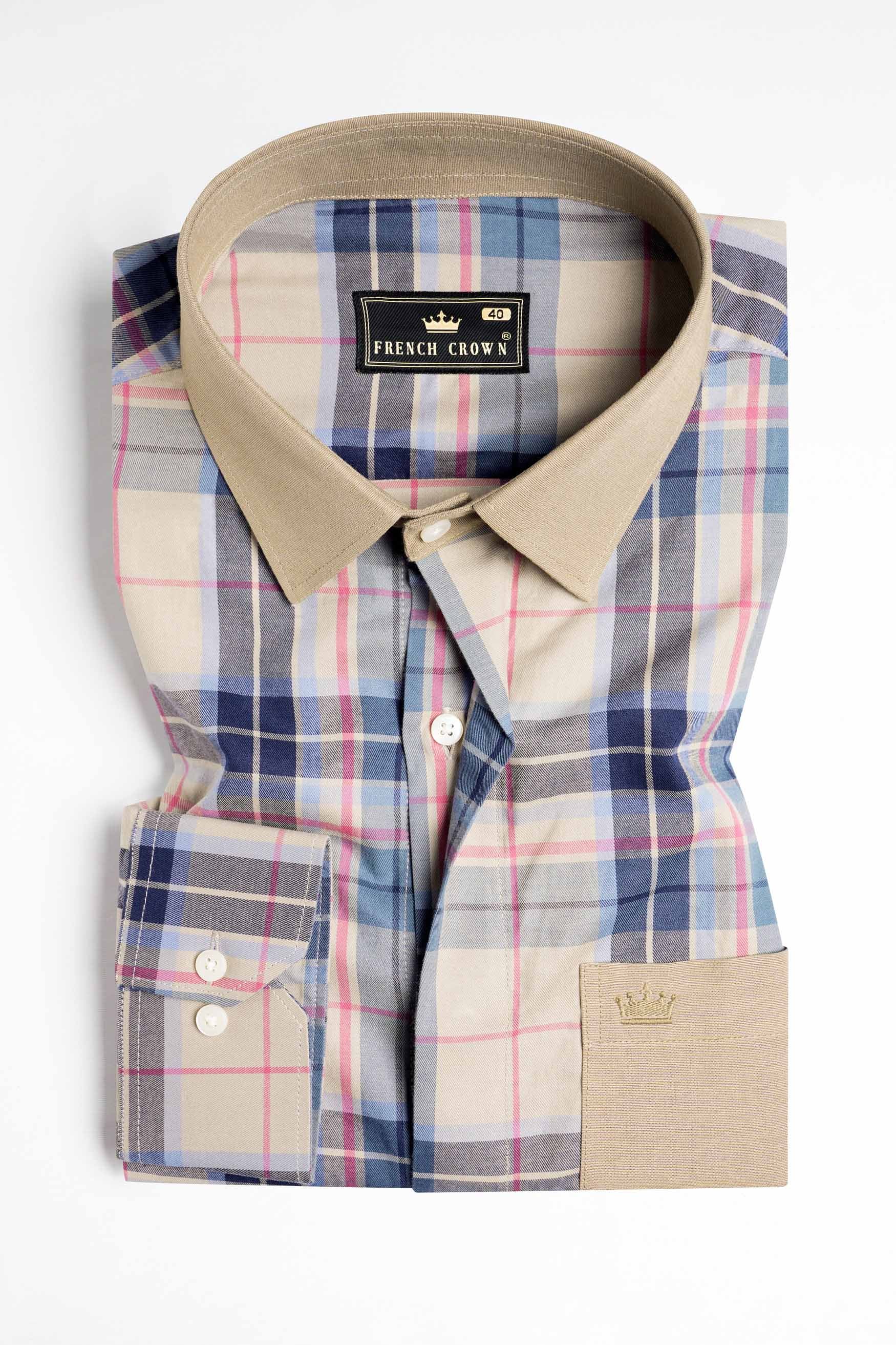 Shell Brown and Lapis Blue Twill Plaid Premium Cotton Designer Shirt