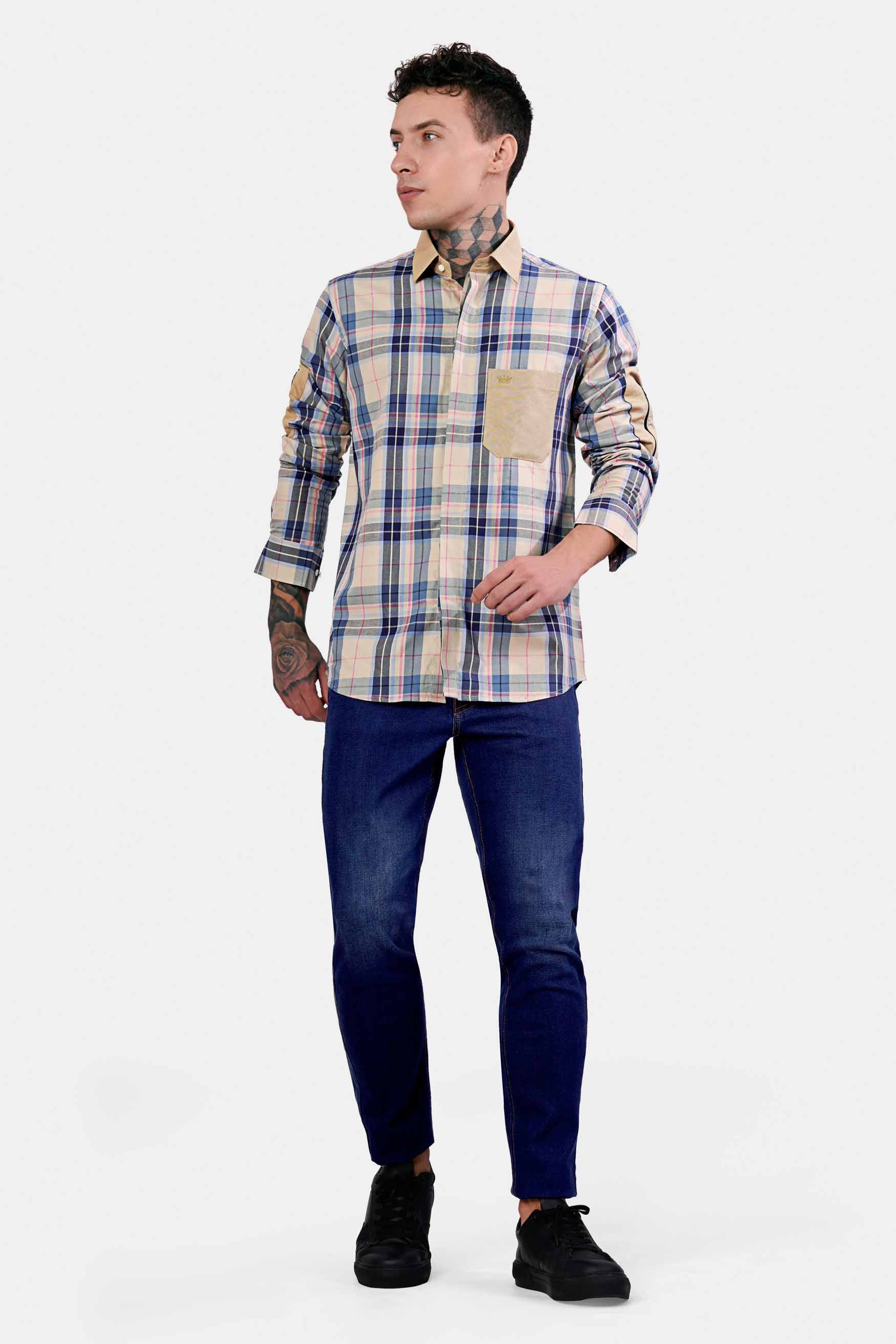 Shell Brown and Lapis Blue Twill Plaid Premium Cotton Designer Shirt