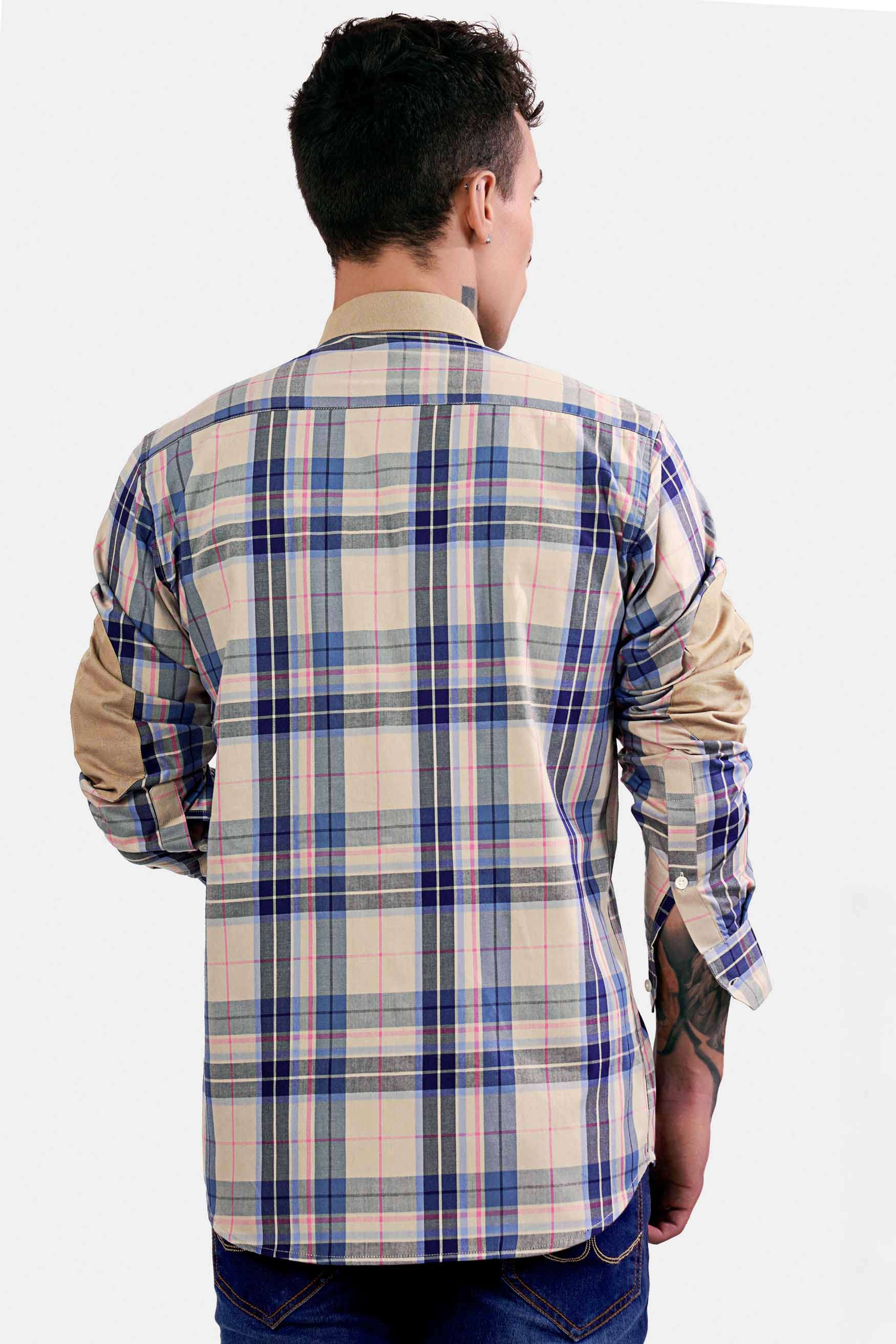 Shell Brown and Lapis Blue Twill Plaid Premium Cotton Designer Shirt