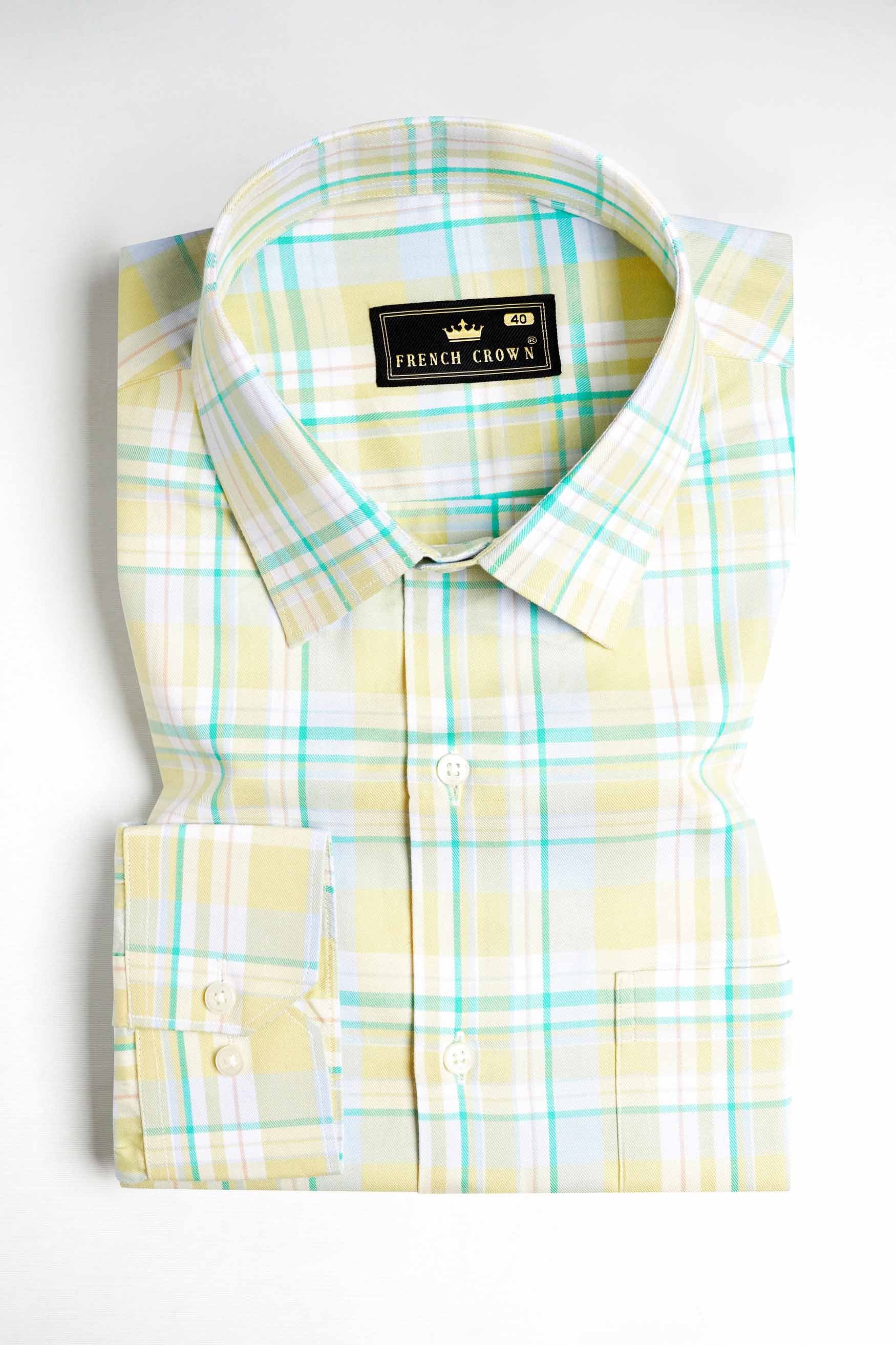 Arylide Brown with White and Teal Green Twill Plaid Premium Cotton Shirt