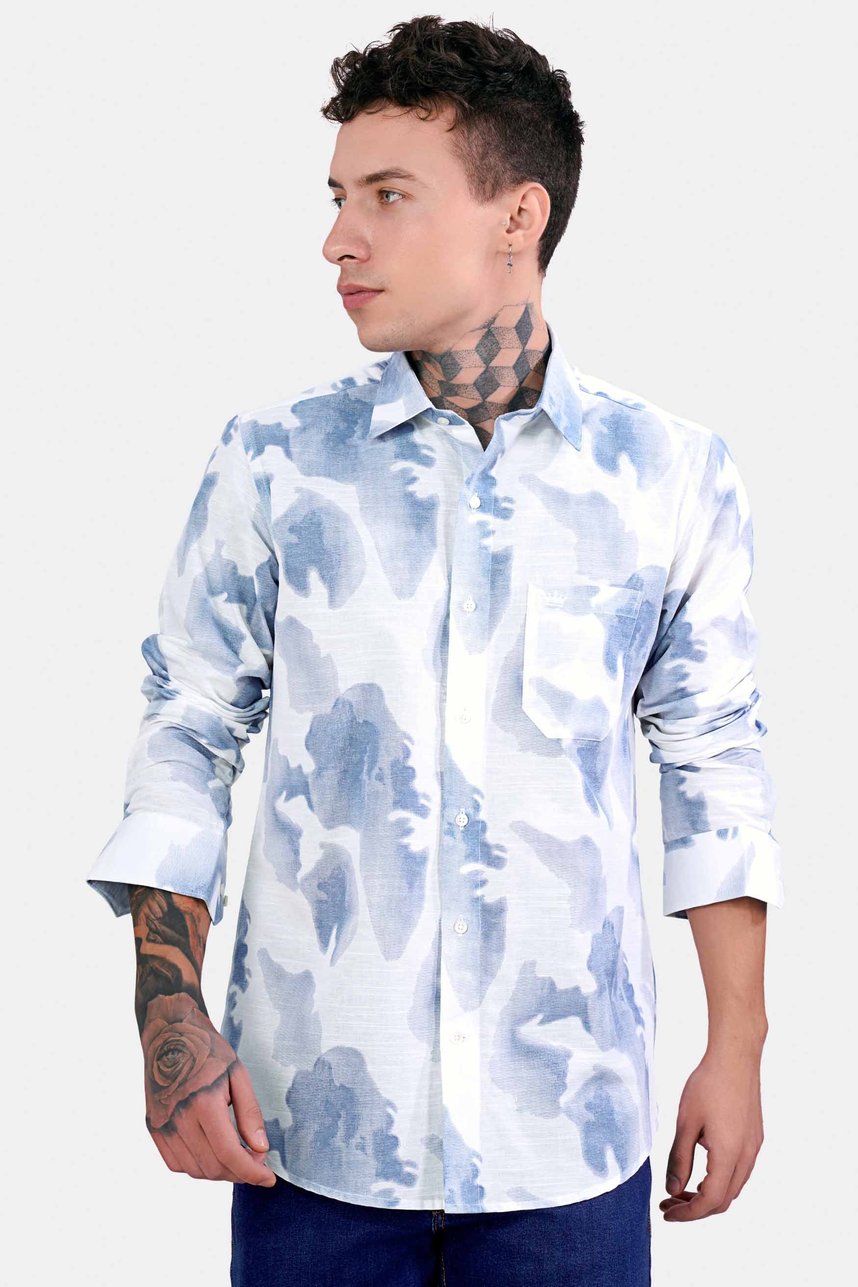 Bright White and Glacier Blue Tye & Die Luxurious Linen Shirt