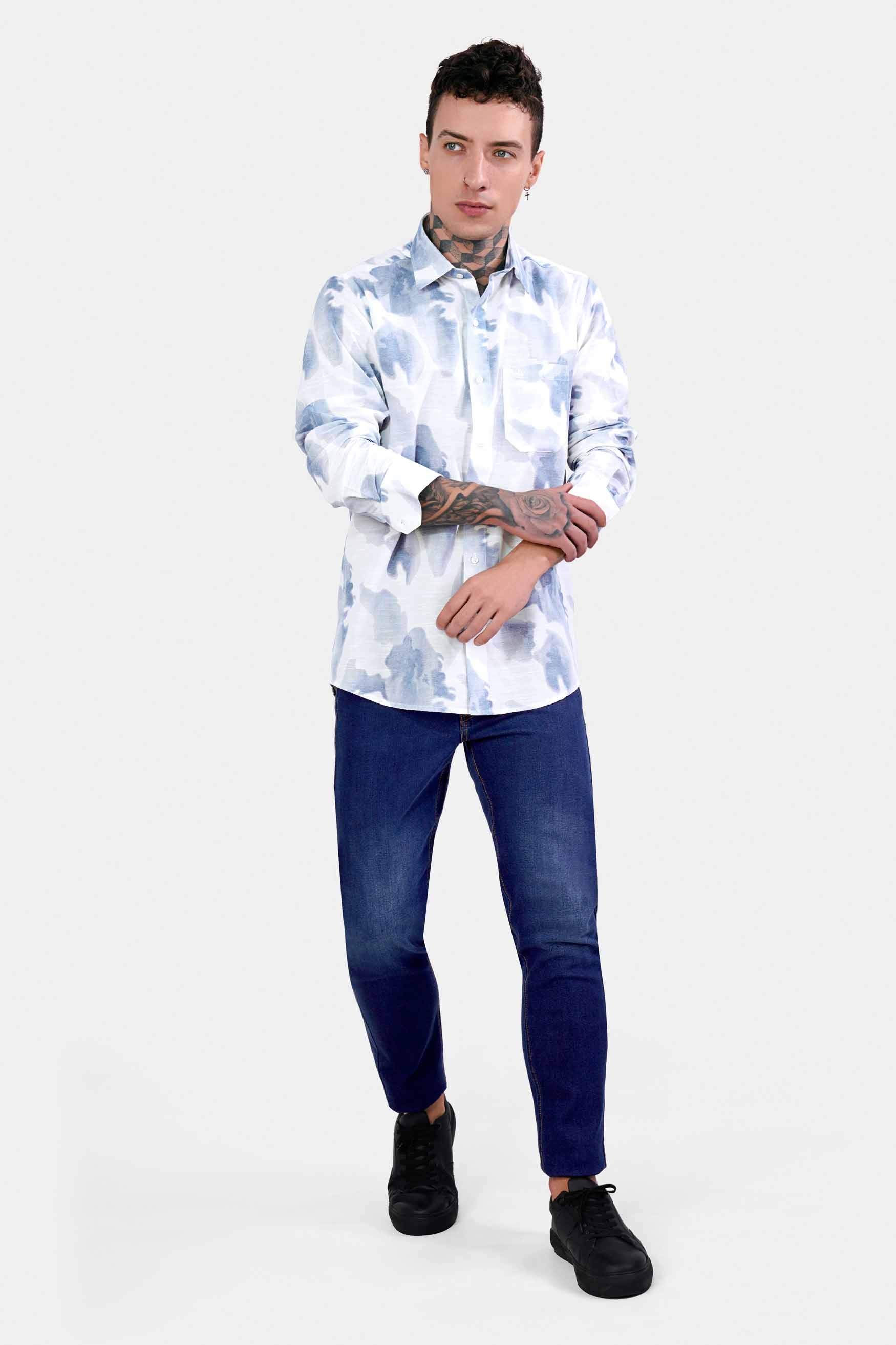 Bright White and Glacier Blue Tye & Die Luxurious Linen Shirt