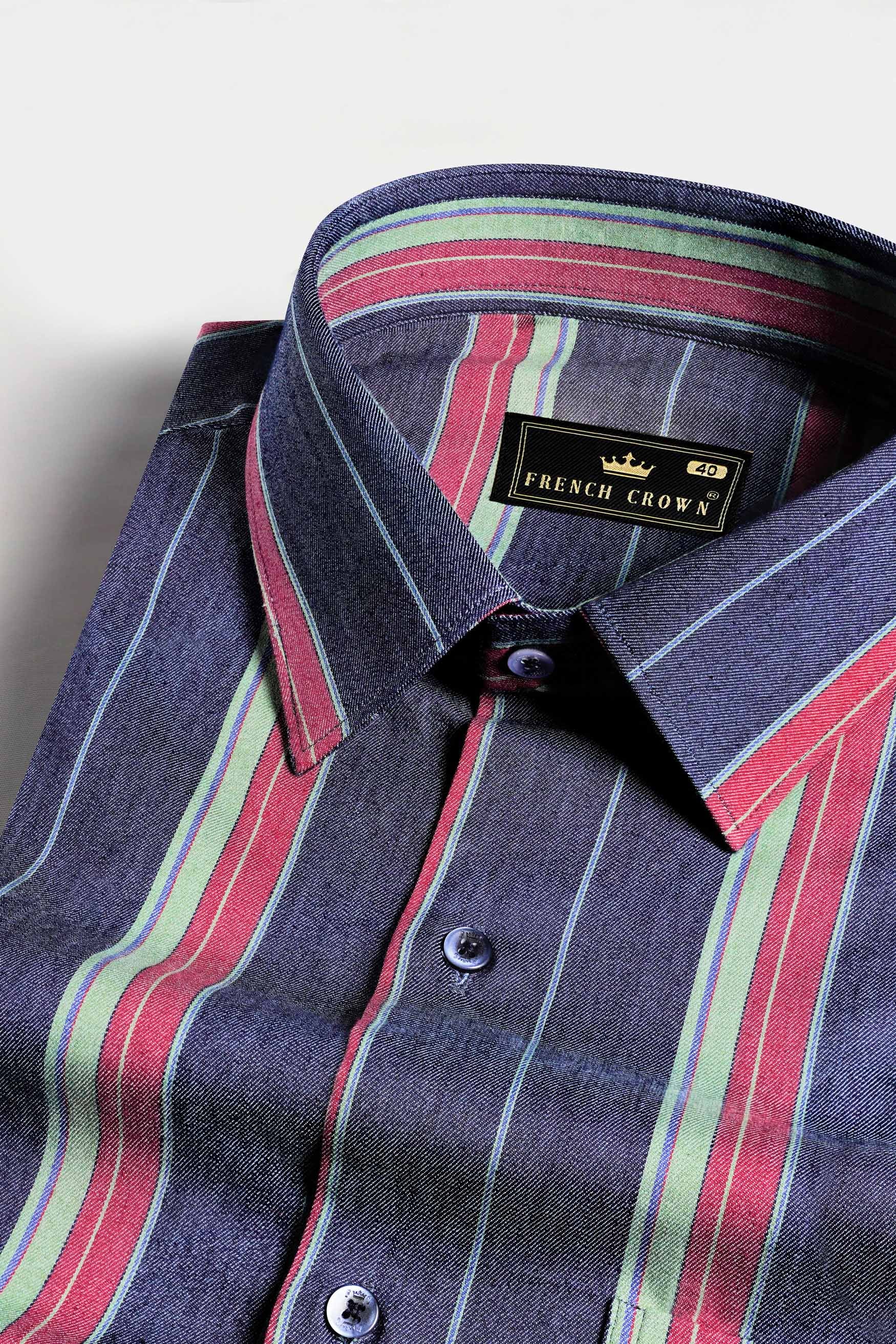Indigo Blue Multicolour Striped Chambray Shirt
