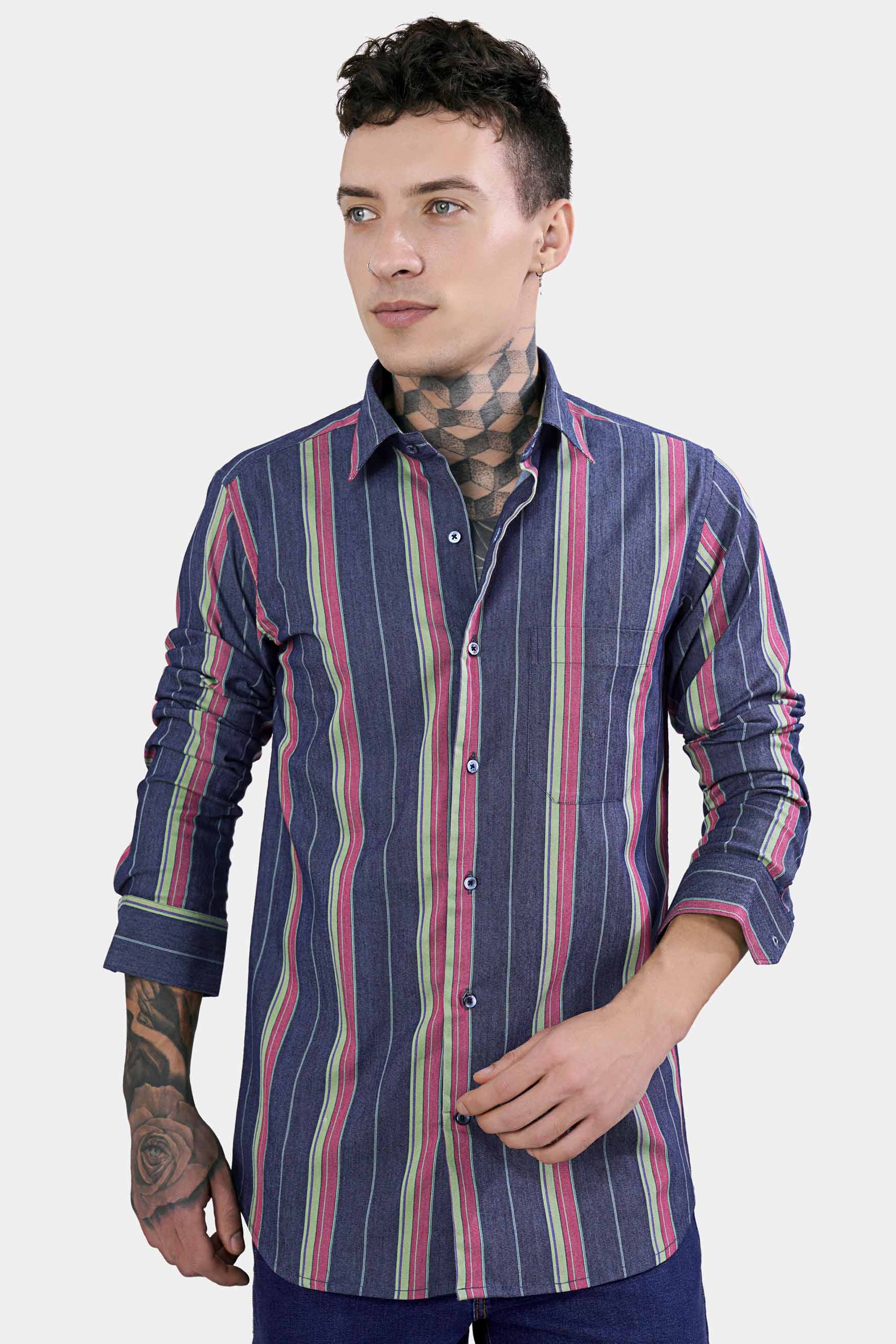 Indigo Blue Multicolour Striped Chambray Shirt