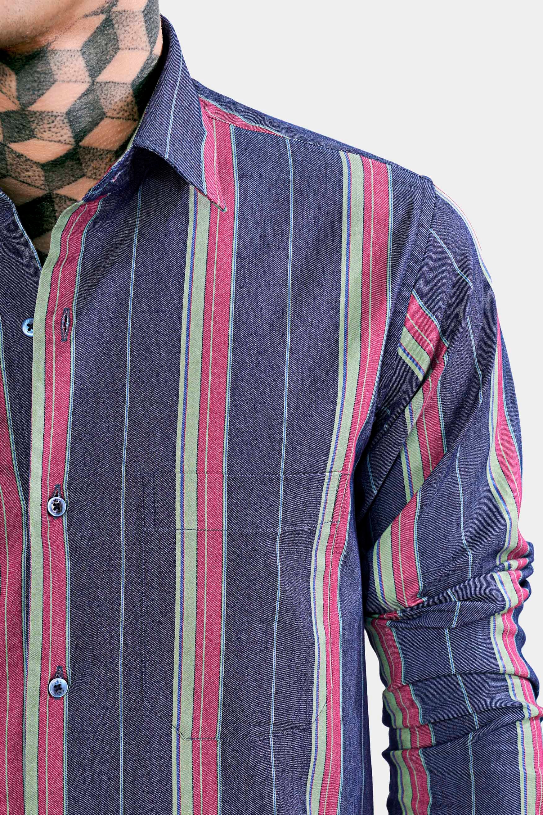 Indigo Blue Multicolour Striped Chambray Shirt