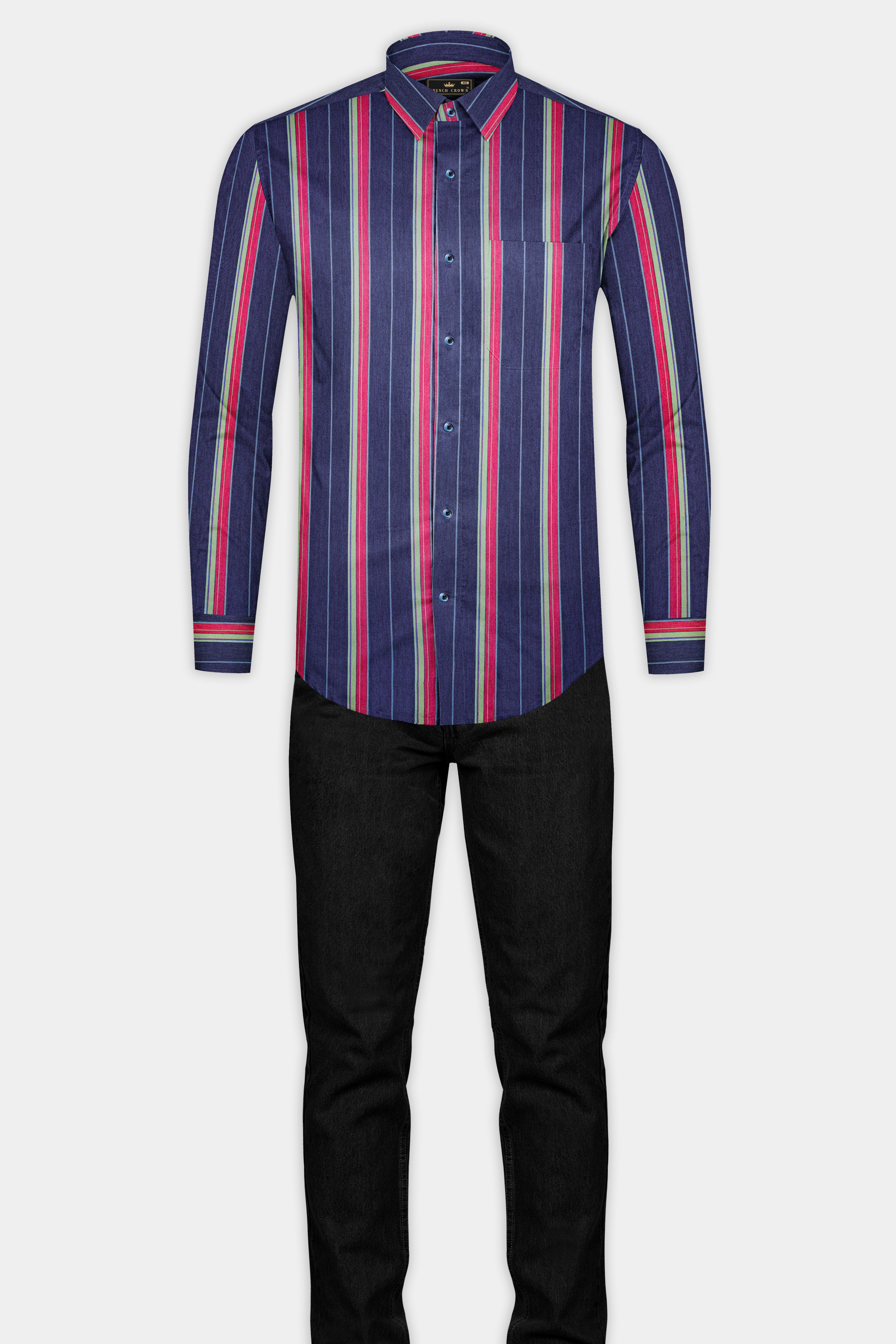 Indigo Blue Multicolour Striped Chambray Shirt