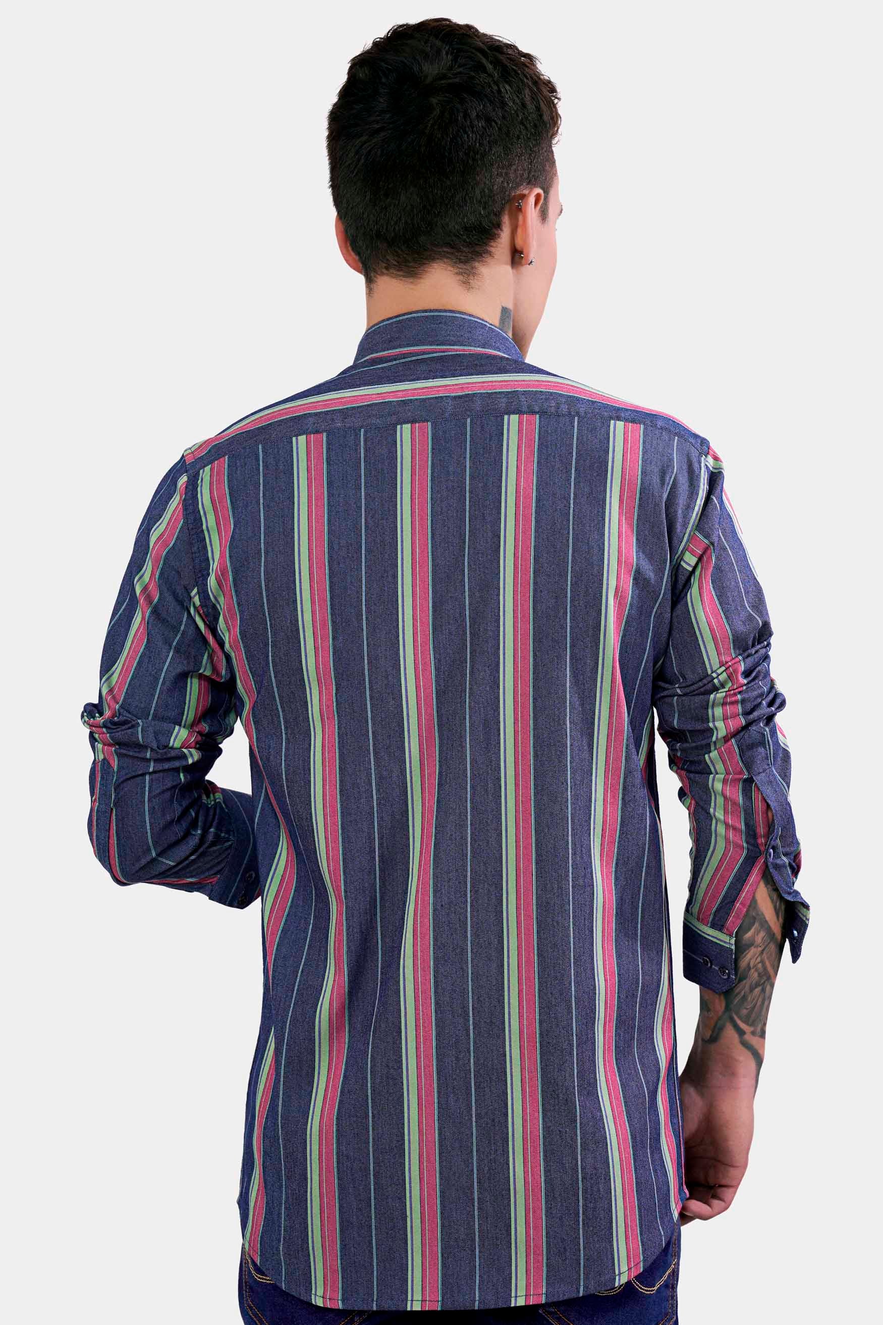 Indigo Blue Multicolour Striped Chambray Shirt