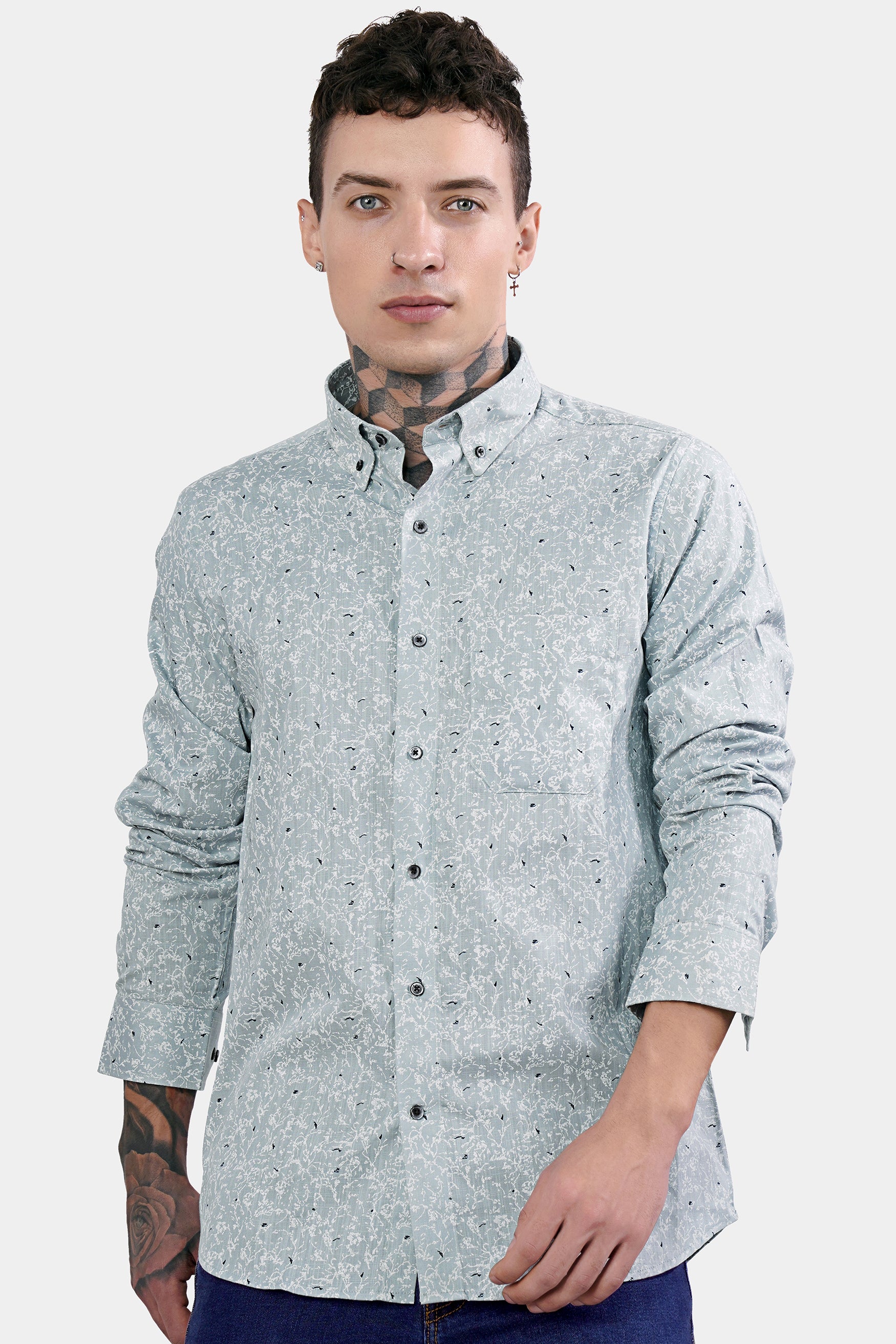 Bright White and Geyser Gray Printed Luxurious Linen Shirt