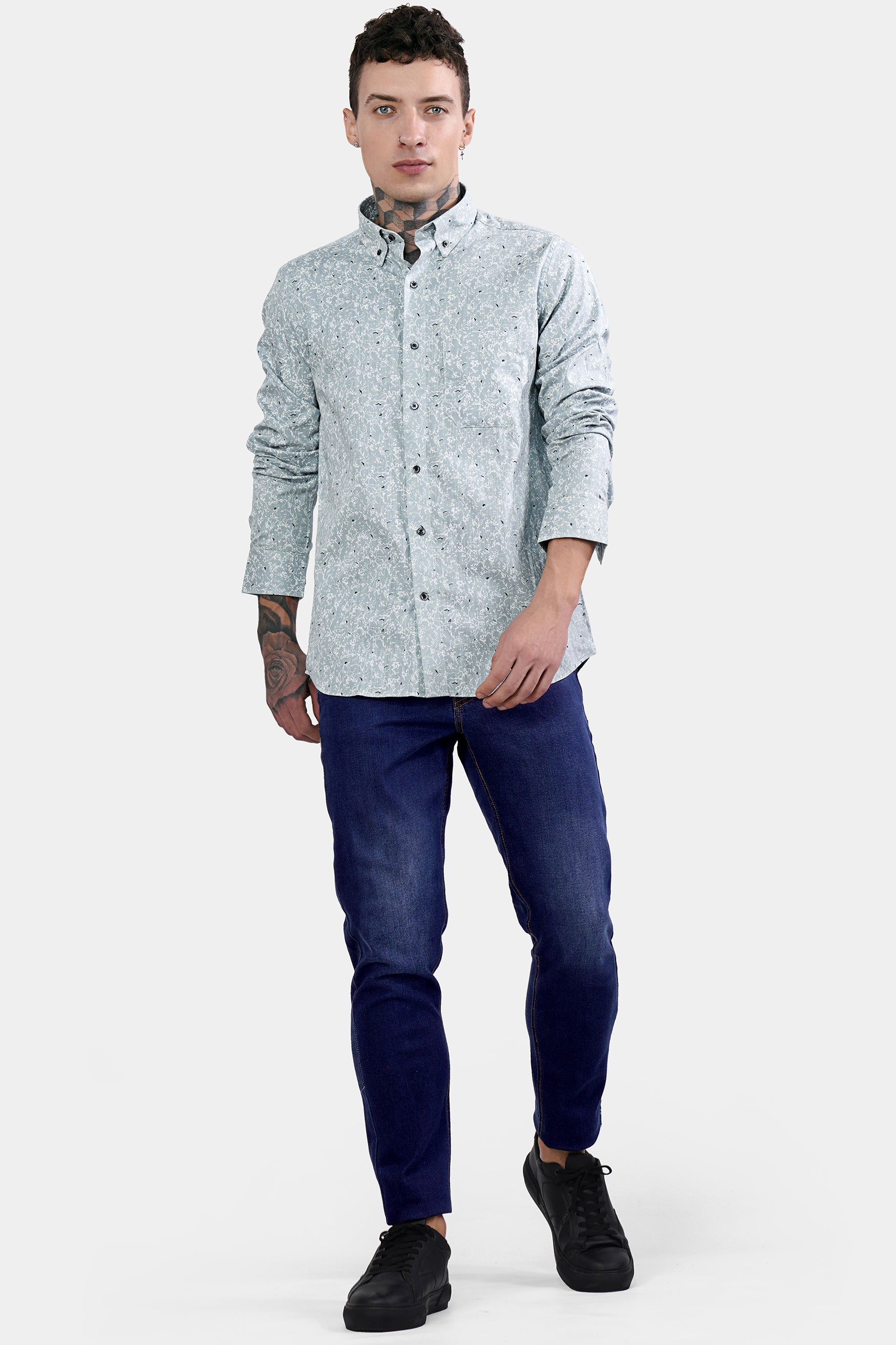 Bright White and Geyser Gray Printed Luxurious Linen Shirt