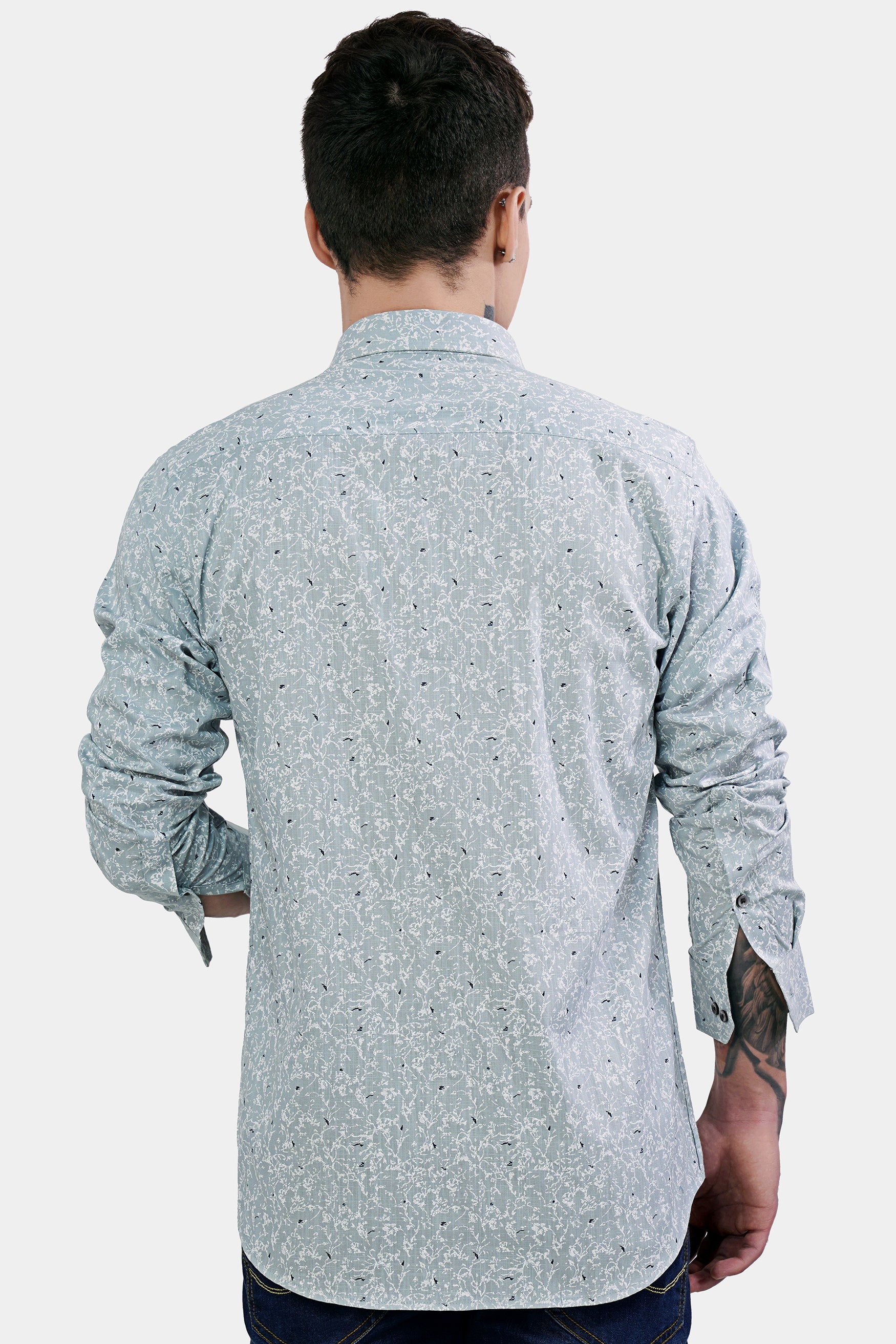 Bright White and Geyser Gray Printed Luxurious Linen Shirt