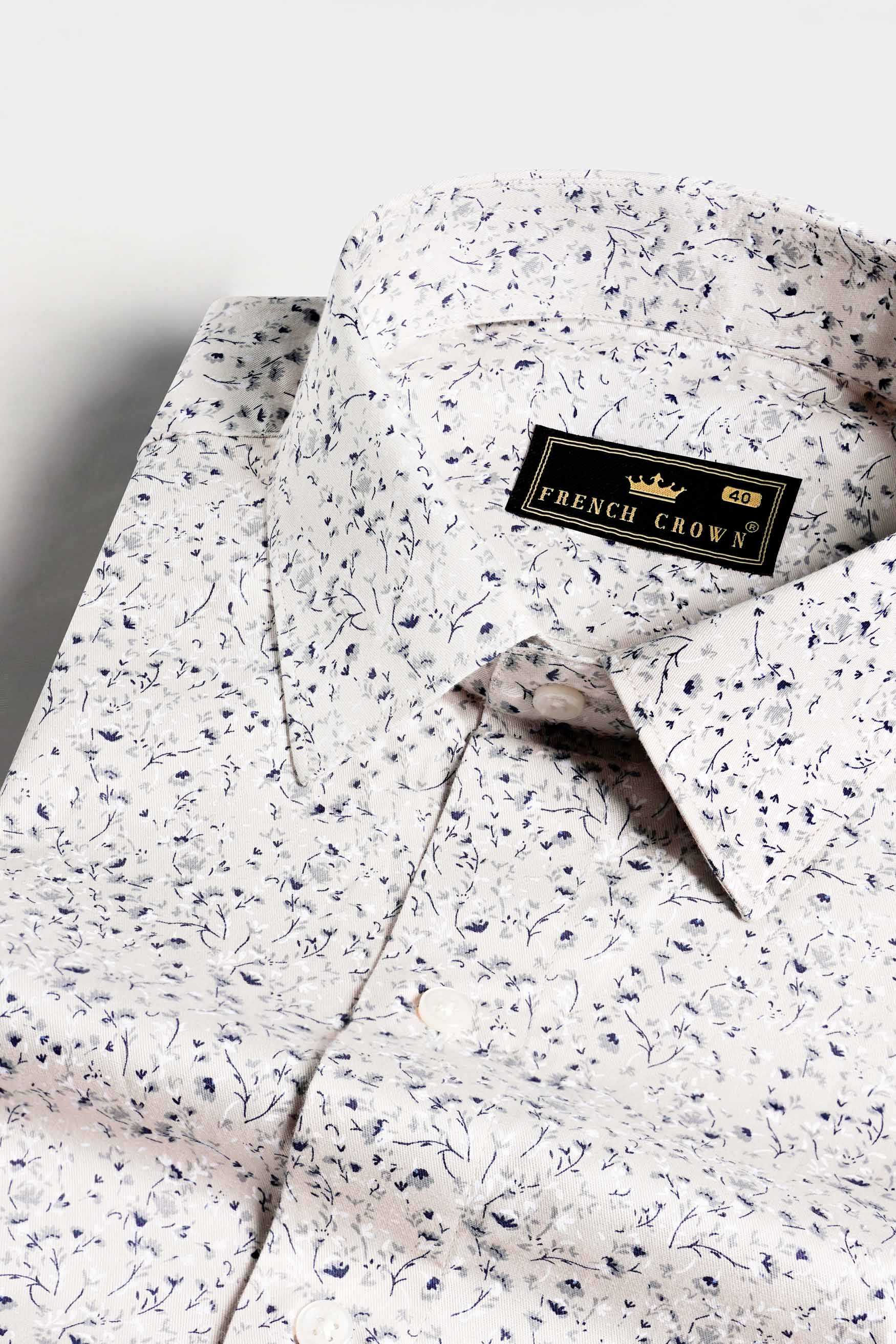 Bon Jour Cream and Rhino Blue Ditsy Printed Royal Oxford Shirt