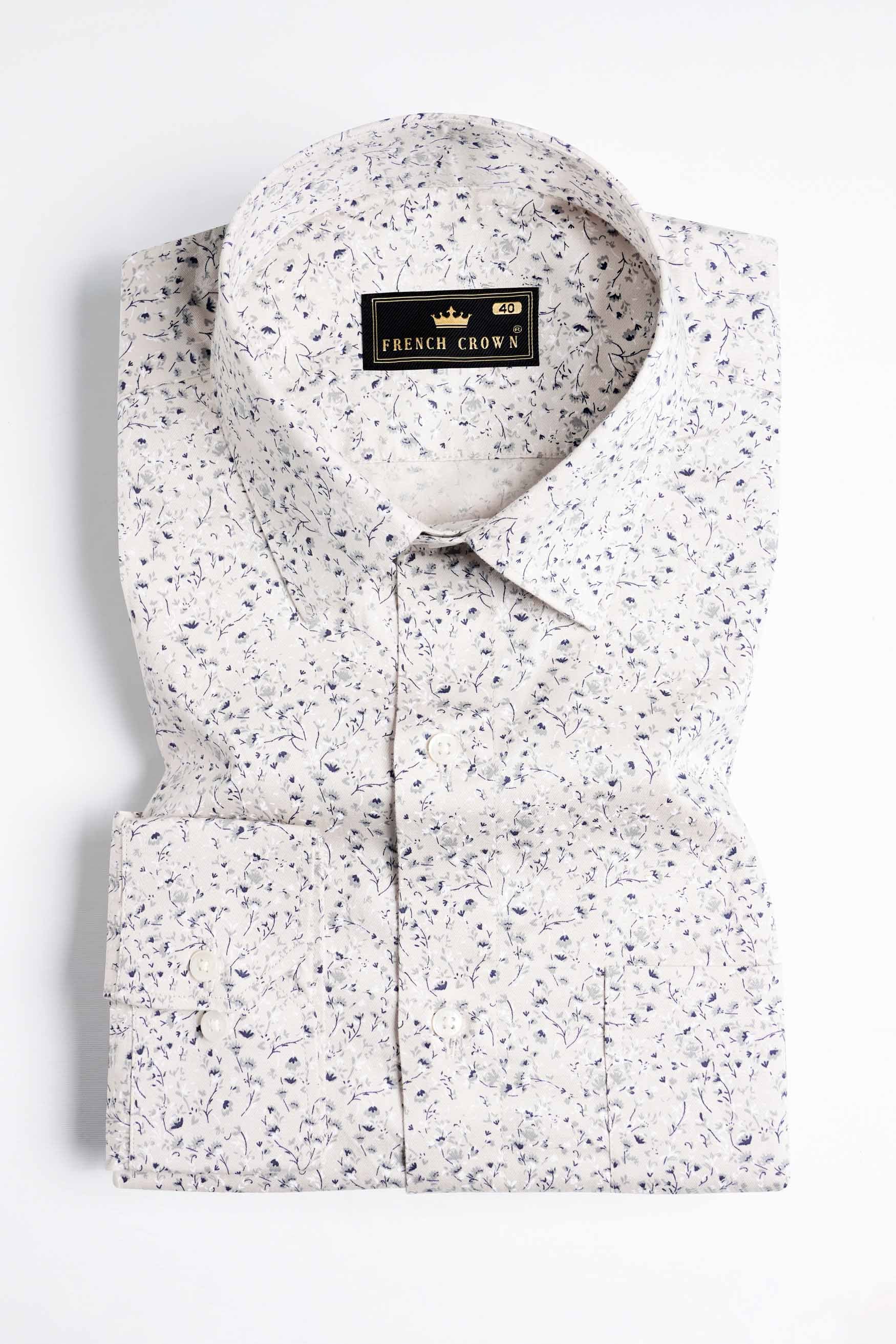 Bon Jour Cream and Rhino Blue Ditsy Printed Royal Oxford Shirt