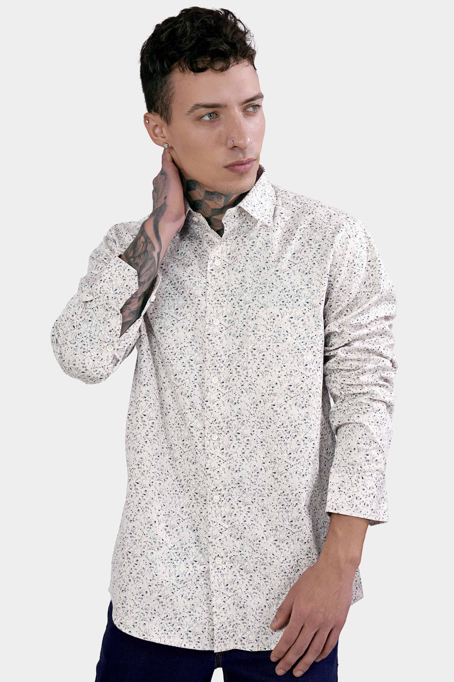 Bon Jour Cream and Rhino Blue Ditsy Printed Royal Oxford Shirt