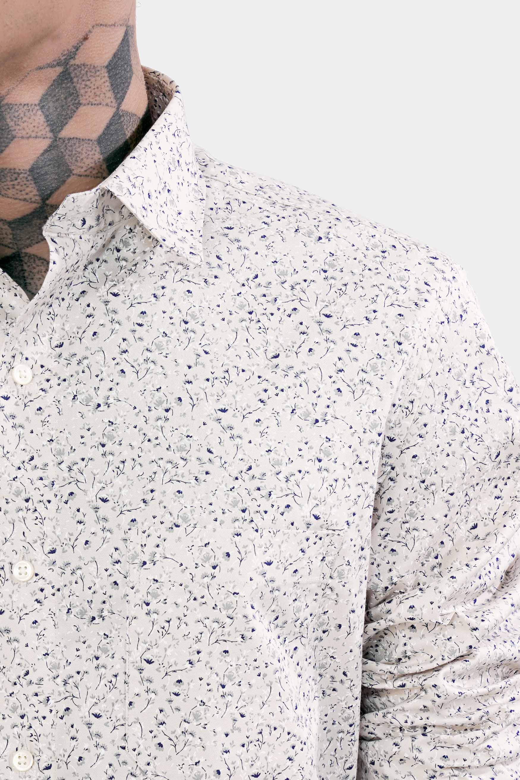 Bon Jour Cream and Rhino Blue Ditsy Printed Royal Oxford Shirt