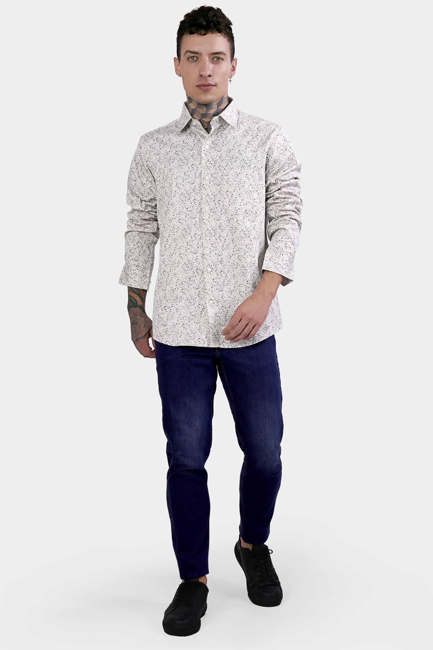 Bon Jour Cream and Rhino Blue Ditsy Printed Royal Oxford Shirt