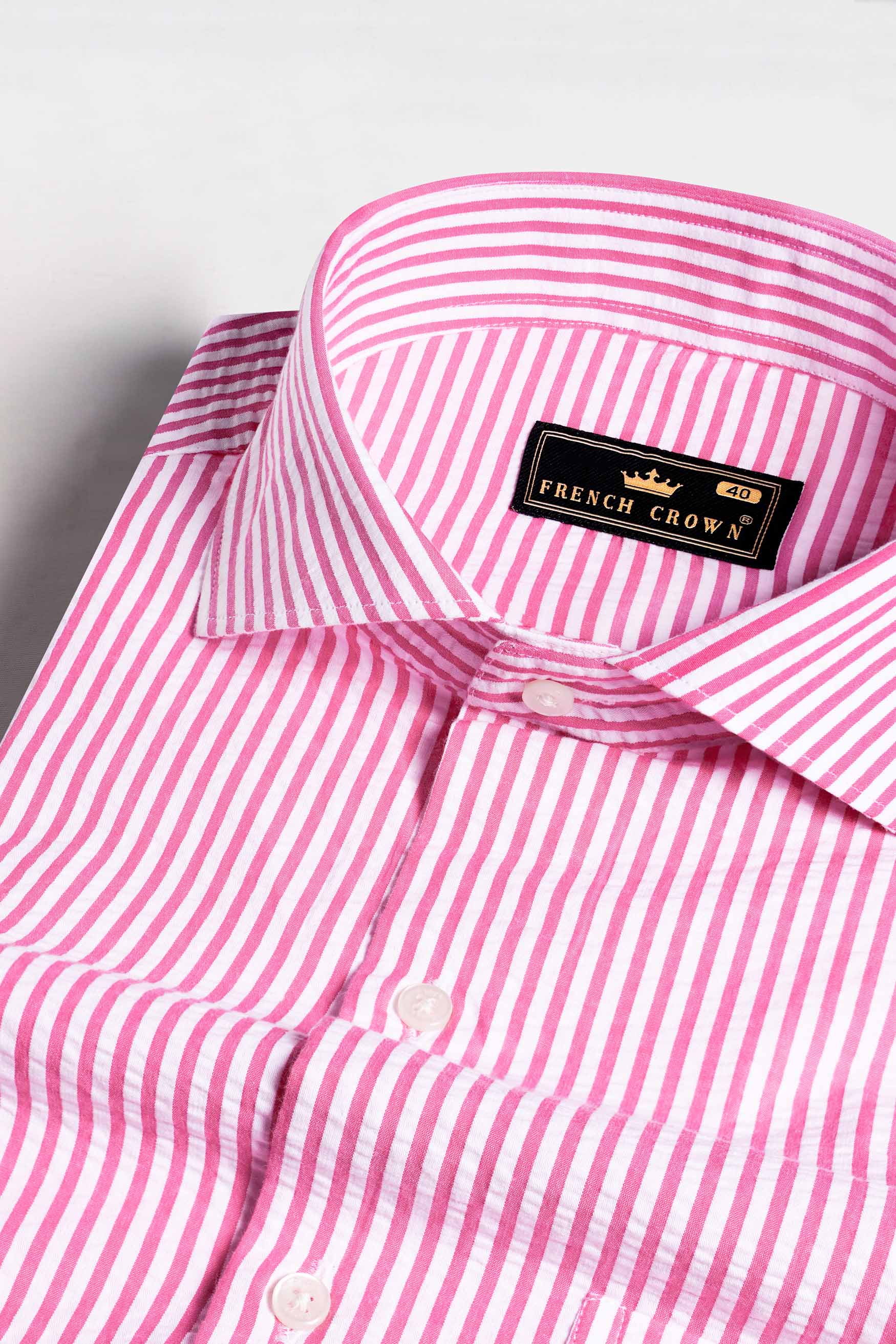 Taffy Pink and Bright White Striped Seersucker Giza Cotton Shirt