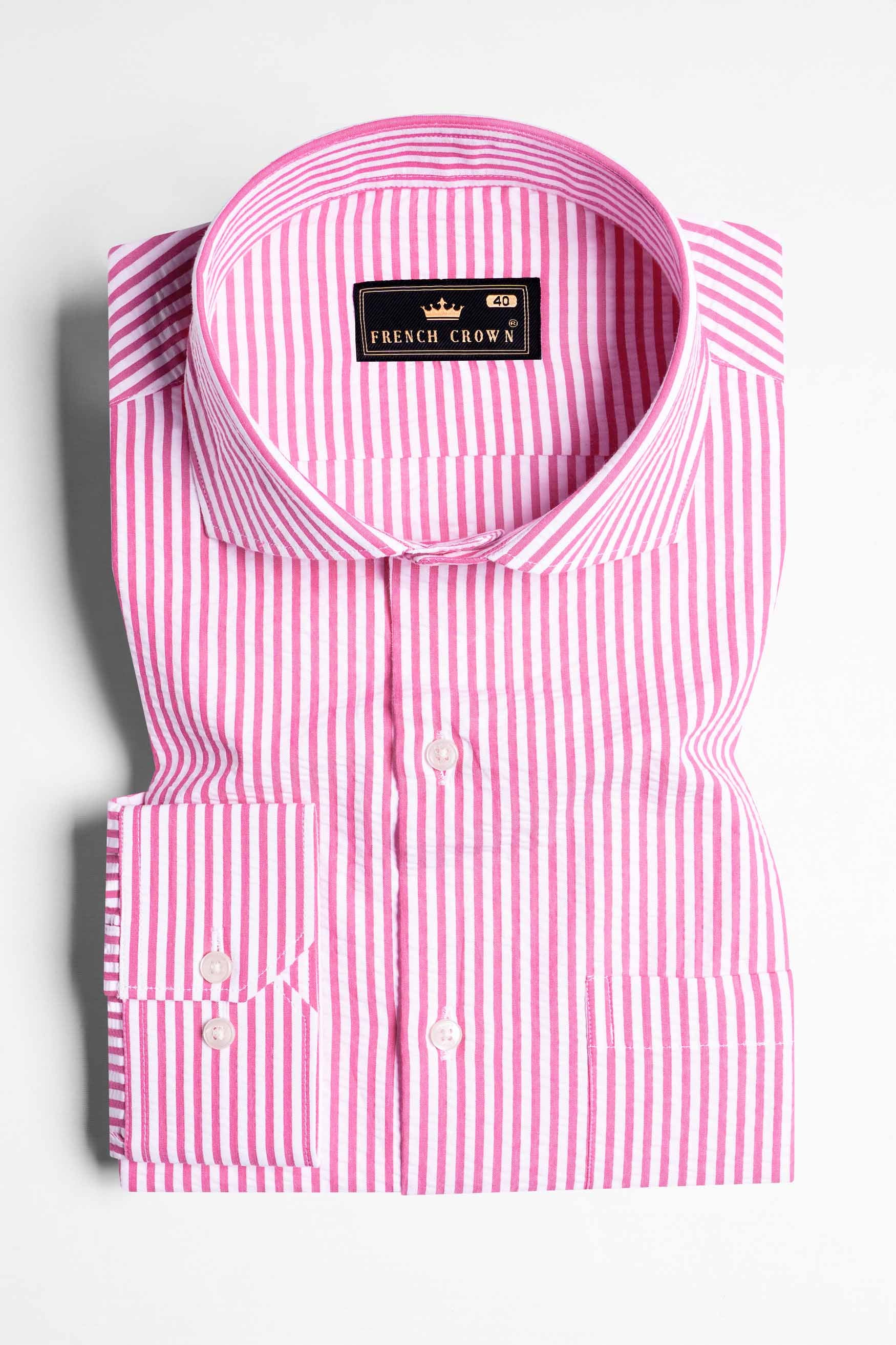 Taffy Pink and Bright White Striped Seersucker Giza Cotton Shirt