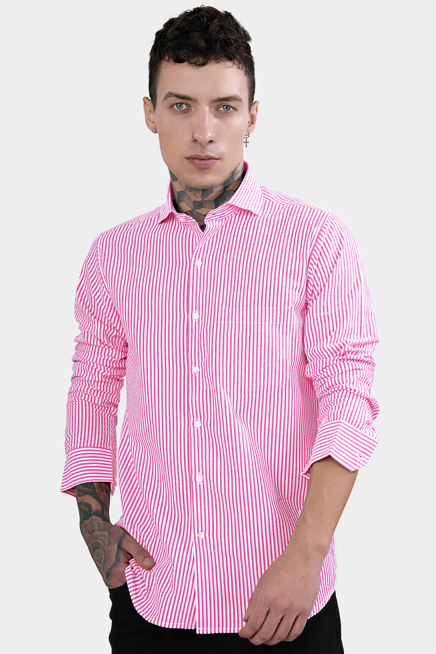 Taffy Pink and Bright White Striped Seersucker Giza Cotton Shirt